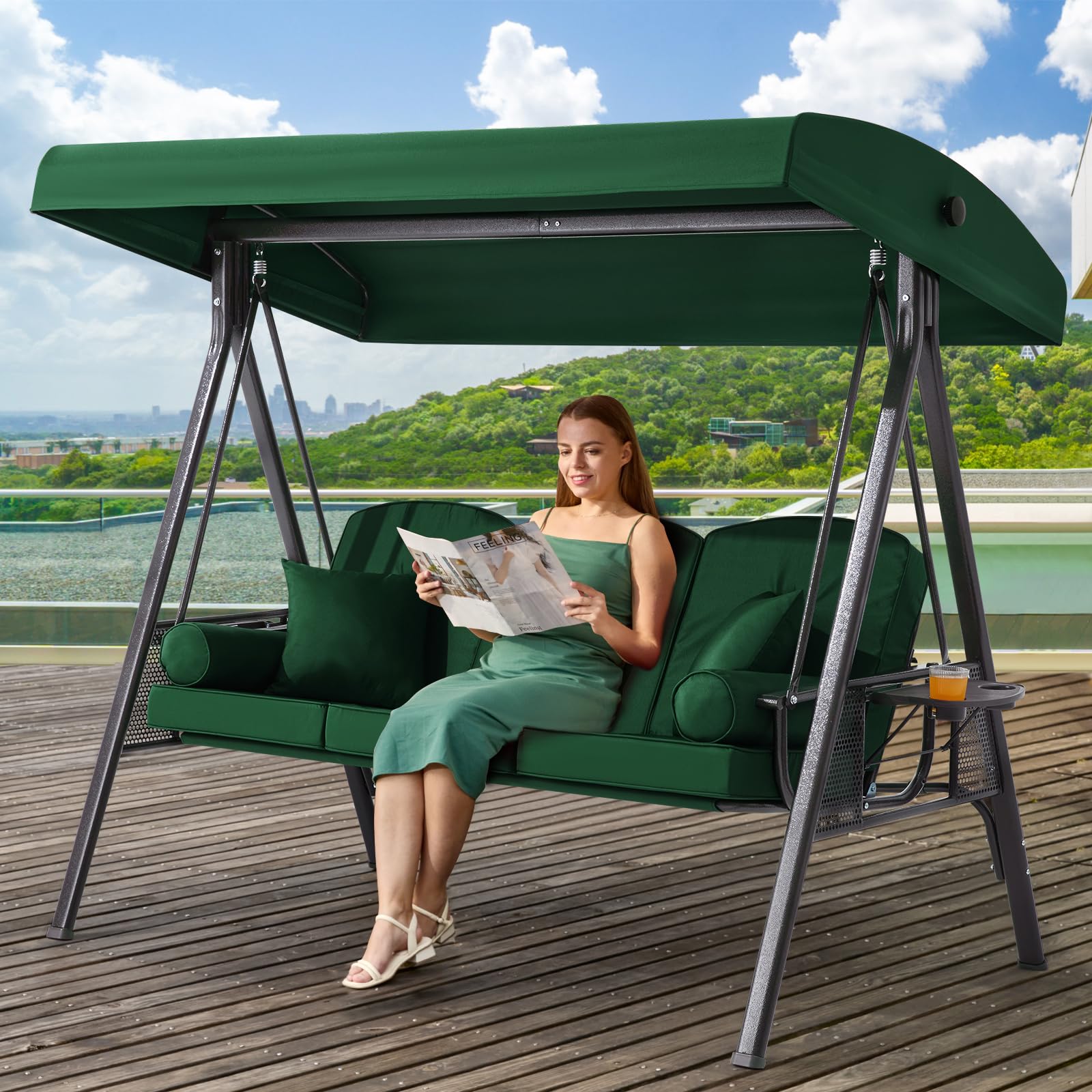 3 Seat Outdoor Patio Porch Swing with Adjustable Canopy, 3 in 1 Swing for Adults, Patio Swing Chair with Thickened Cushions,Pillows &amp; Cup Holders for Backyard, Porch, Garden (Green)