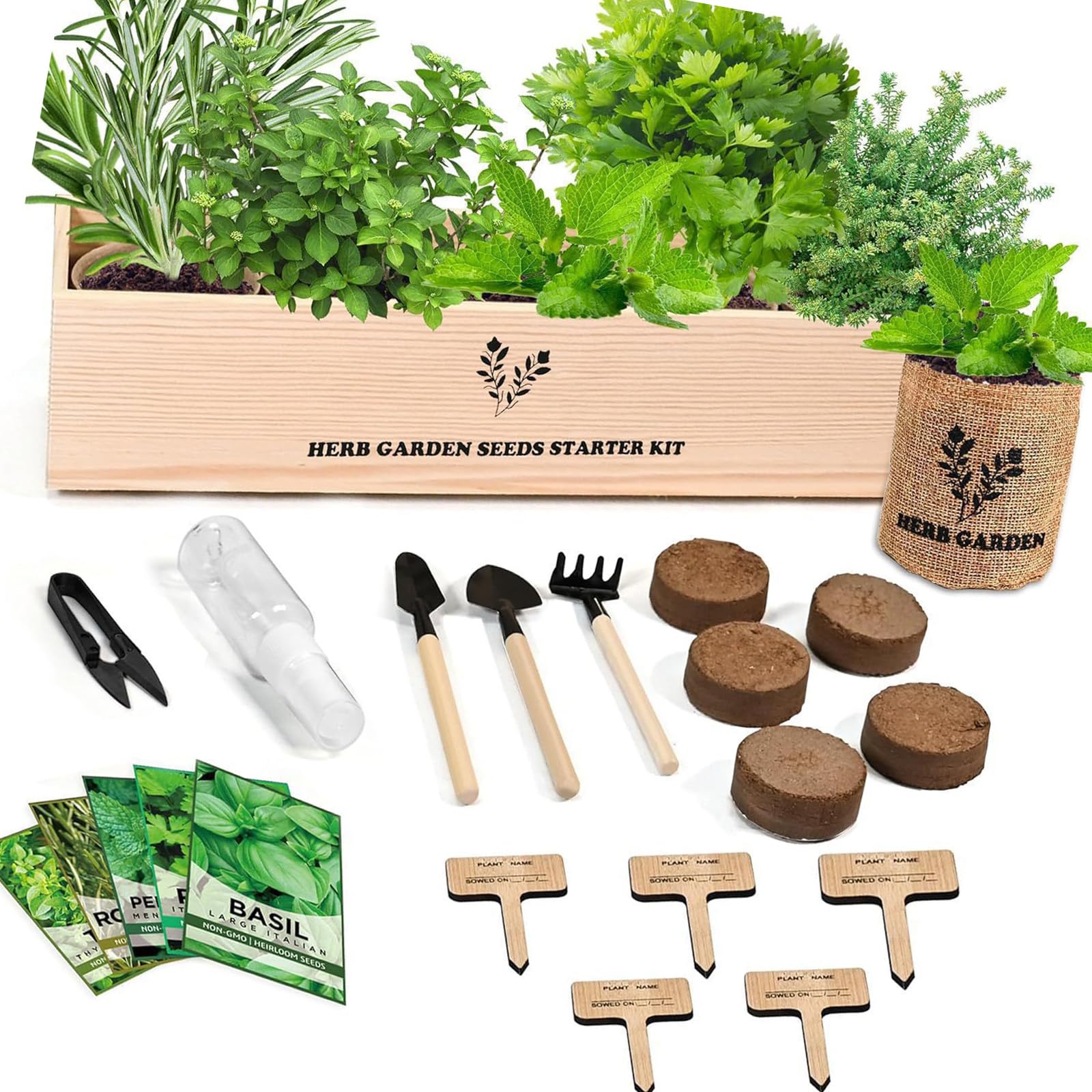 Kit culture intérieur débutant avec outils bois manuel sol et graines plantes