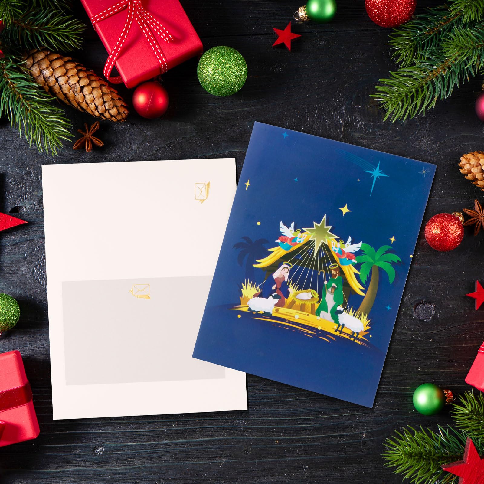 Biglietto di Natale pop-up 3D con LED e musica – Presepe – Biglietto di Natale religioso per la nascita di Gesù – Biglietto festivo per la famiglia, gli amici, con musica e busta – saluti di Natale