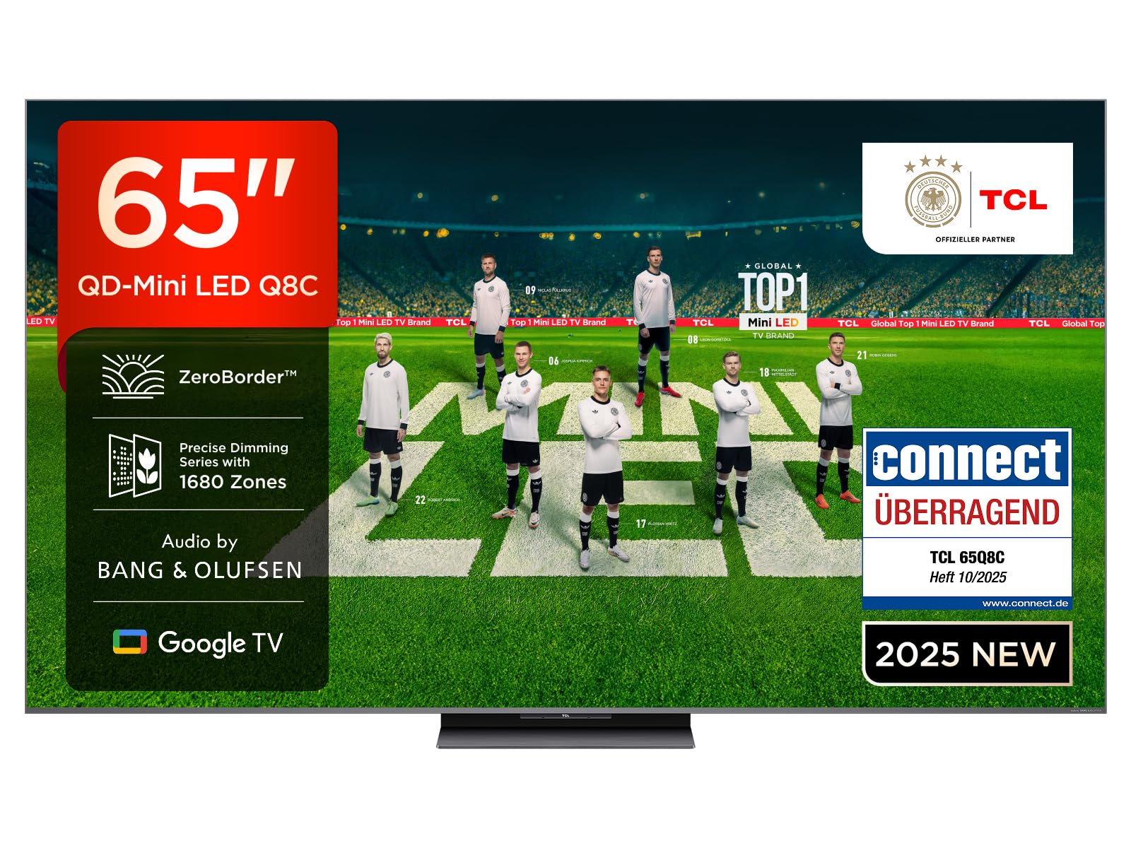 TCL 65Q8C 65 Zoll QD-Mini LED Fernseher, 4K HDR Premium 4500, ZeroBorder, Smart Google TV, CrystGlow WHVA-Panel, Audio von Bang und Olufsen, 144Hz Motion Clarity Pro, Dolby Vision IQ und Atmos