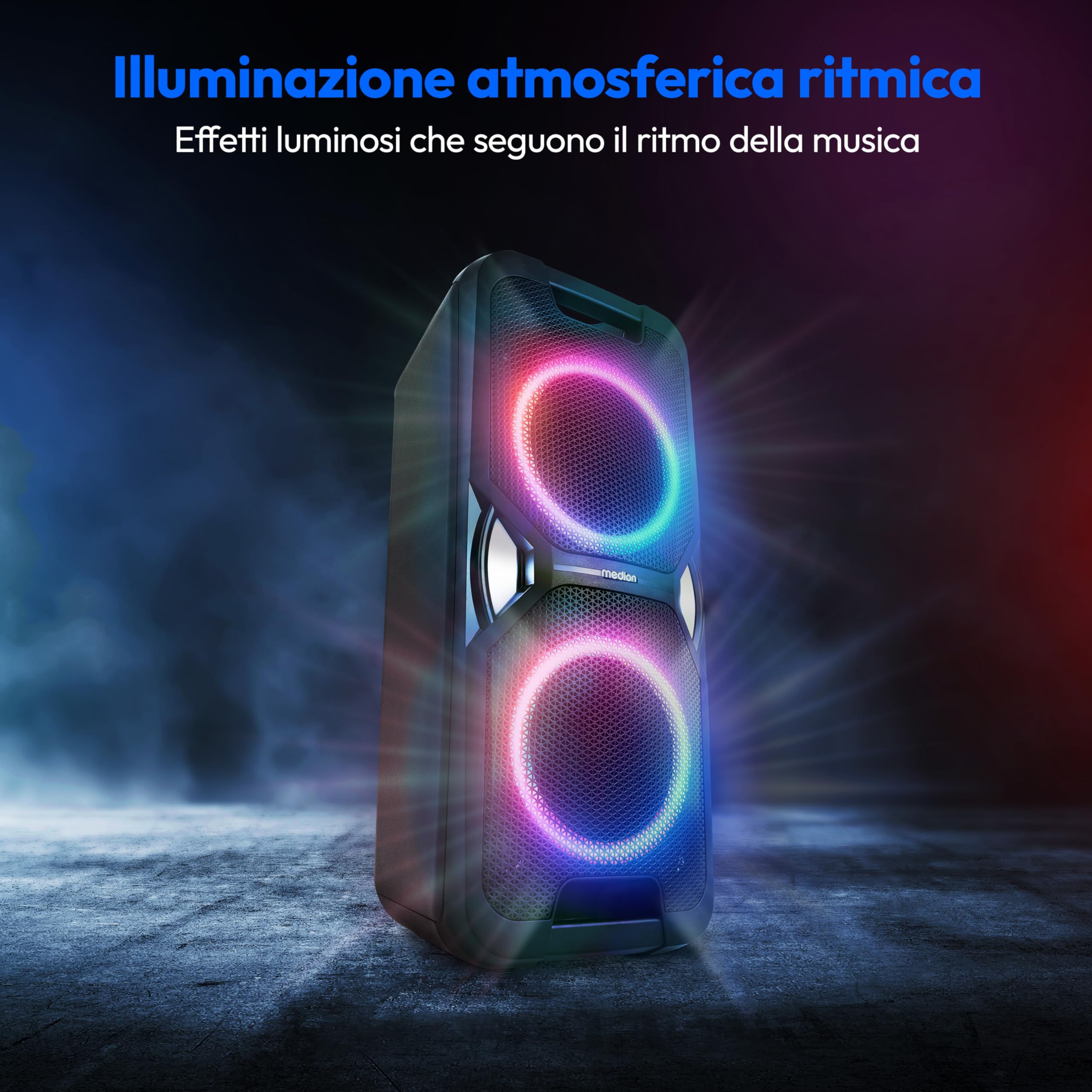 MEDION PE-1 Pure Partybox (batteria, con microfono, altoparlante Bluetooth portatile grande, cassa musicale con effetti luminosi, altoparlante party con karaoke, 2 ingressi microfono, AUX, USB, radio)