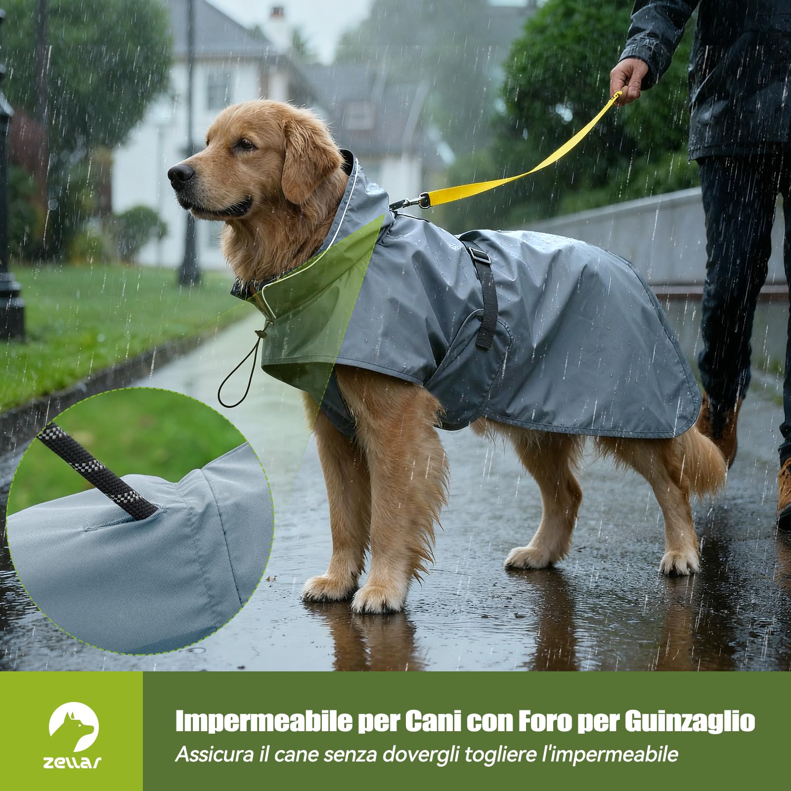 Zellar Impermeabile per Cani Regolabile, Leggero con Buco per Collare e Strisce Riflettenti, Vestibilità Facile, Traspirante Cappotto Pioggia Cane Taglie Media e Grandea (XL, Grigio)