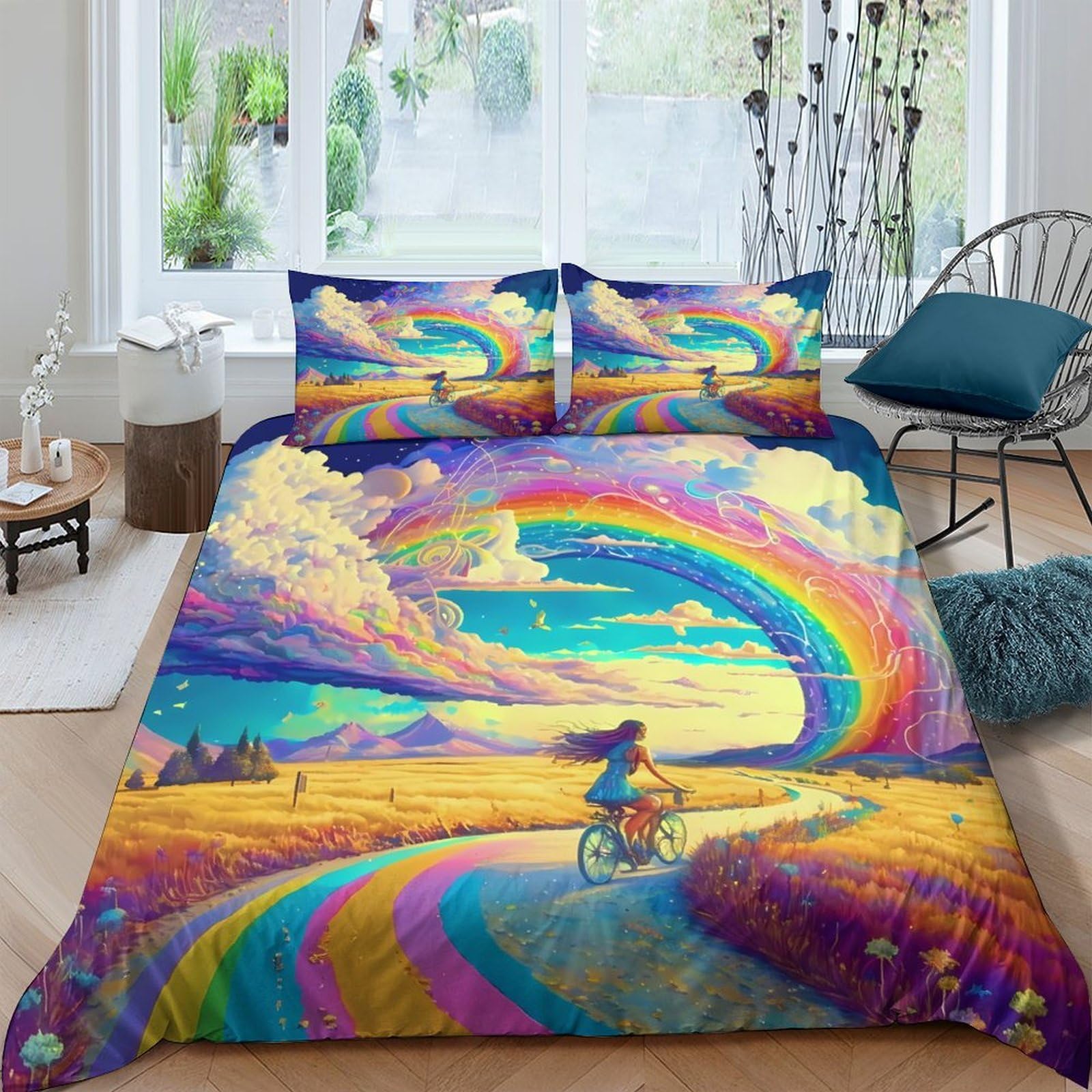 Ctjqhvkz Style-2 3D Printed Rainbow Sky Fitted Sheet Microfiber Soft Vibrant Path Mattress Cover For Bedroom Guest Room Decor Single（135X200cm）