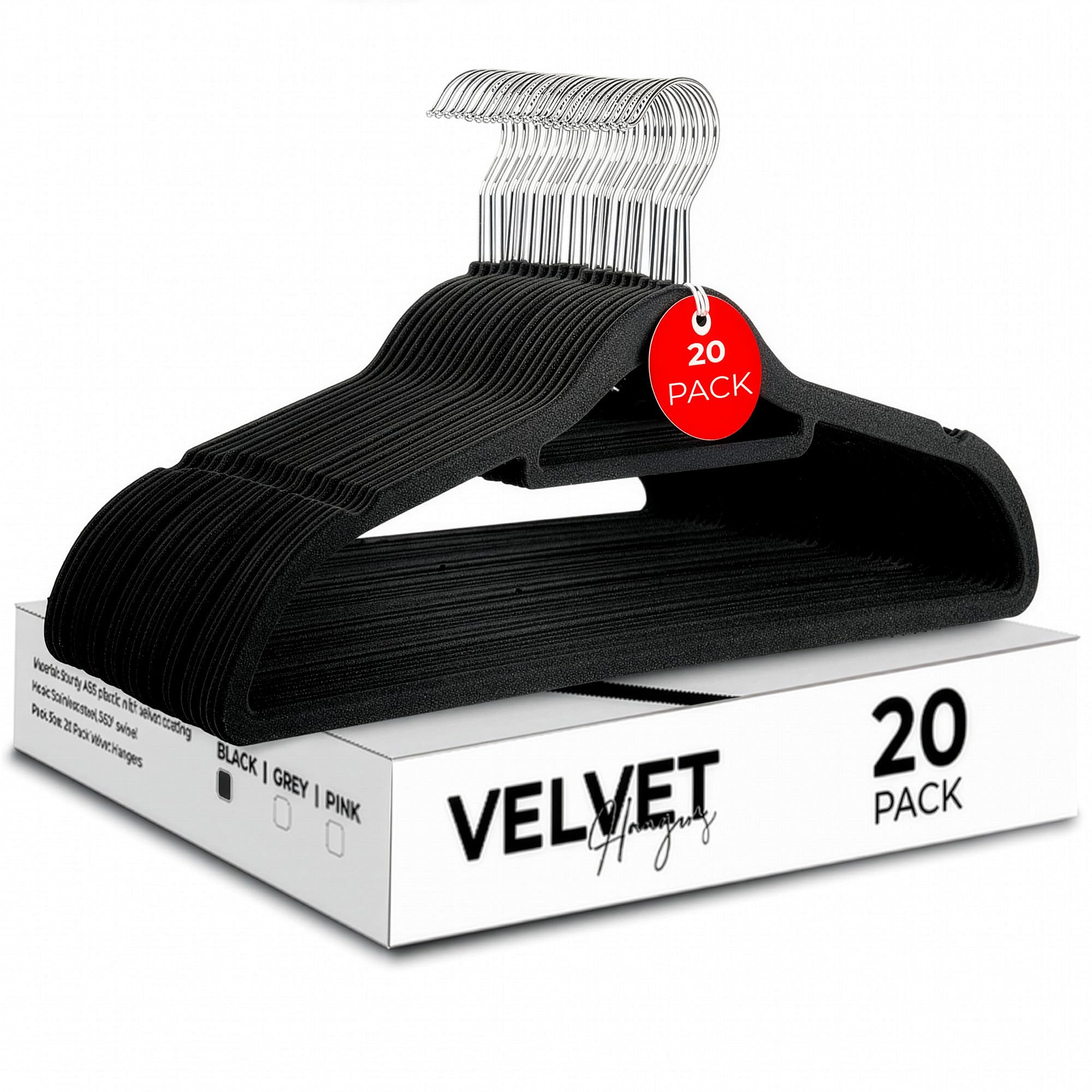 Roe Tenpo Coat Hangers, 20 Pack, Black | Velvet Hangers for Clothes with Tie Bar & 360° Hook | Durable & Sturdy | Non-Slip, Space-Saving Design for Shirts, Jackets, Trousers & More (Elegant Black, 20)