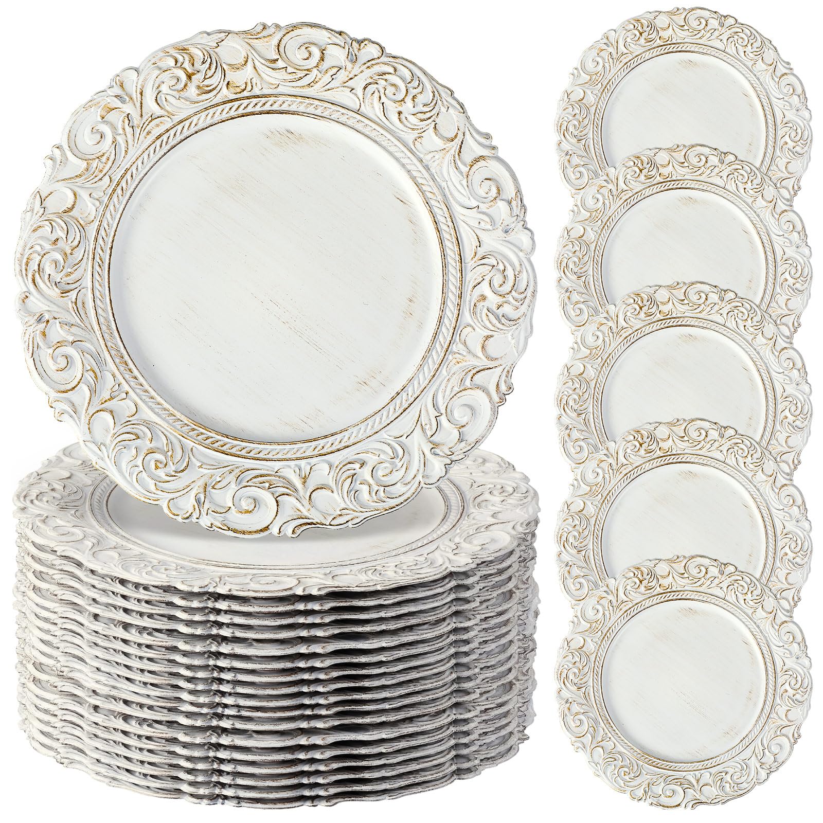 Photo 1 of Acellegic 30 Pcs Antique White Charger Plates Bulk 13 Inch Embossed Rim Plastic Round Decorative Vintage Plates Charger for Dinner Wedding Party Event Table Setting Decoration (Classic)