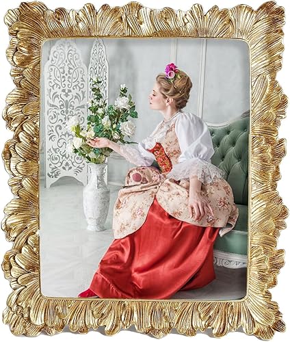 MOMLKFDAY Portarretratos dorados de 8 x 10 pulgadas, marco de fotos vintage, hoja de flor de oro rosa con parte delantera de cristal, marco de fotos
