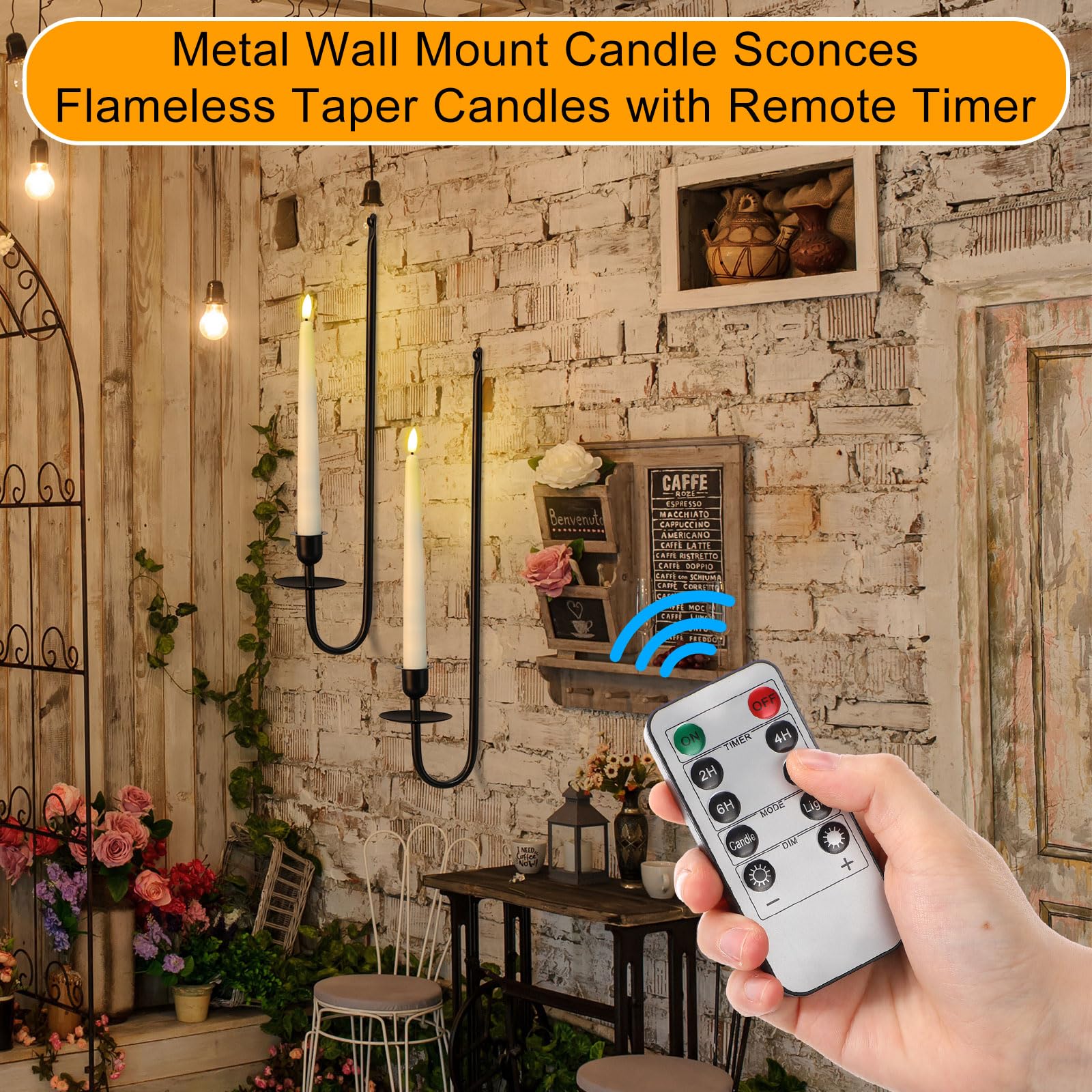 Tessco for you Metalowe kinkiety ścienne z bezpłomieniowymi świecami stożkowymi LED 24,4 cm i zdalnym timerem, 42 cm, zestaw kinkietów ściennych do salonu, kominka, korytarza, schodów, czarne, 4