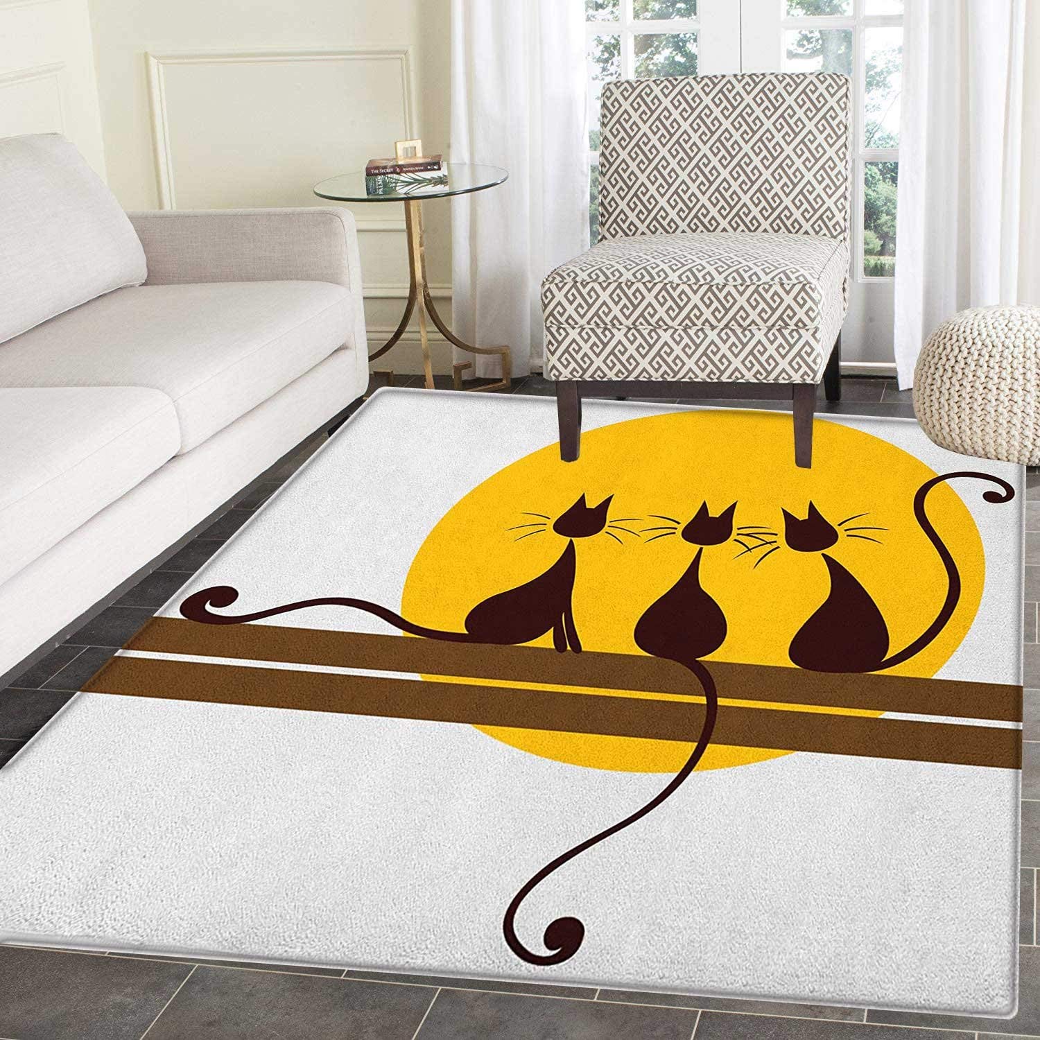 Tapis d'art animal pour chambre à coucher, trois chats noirs de dessin animé avec moustaches regardant le soleil, tapis circulaire