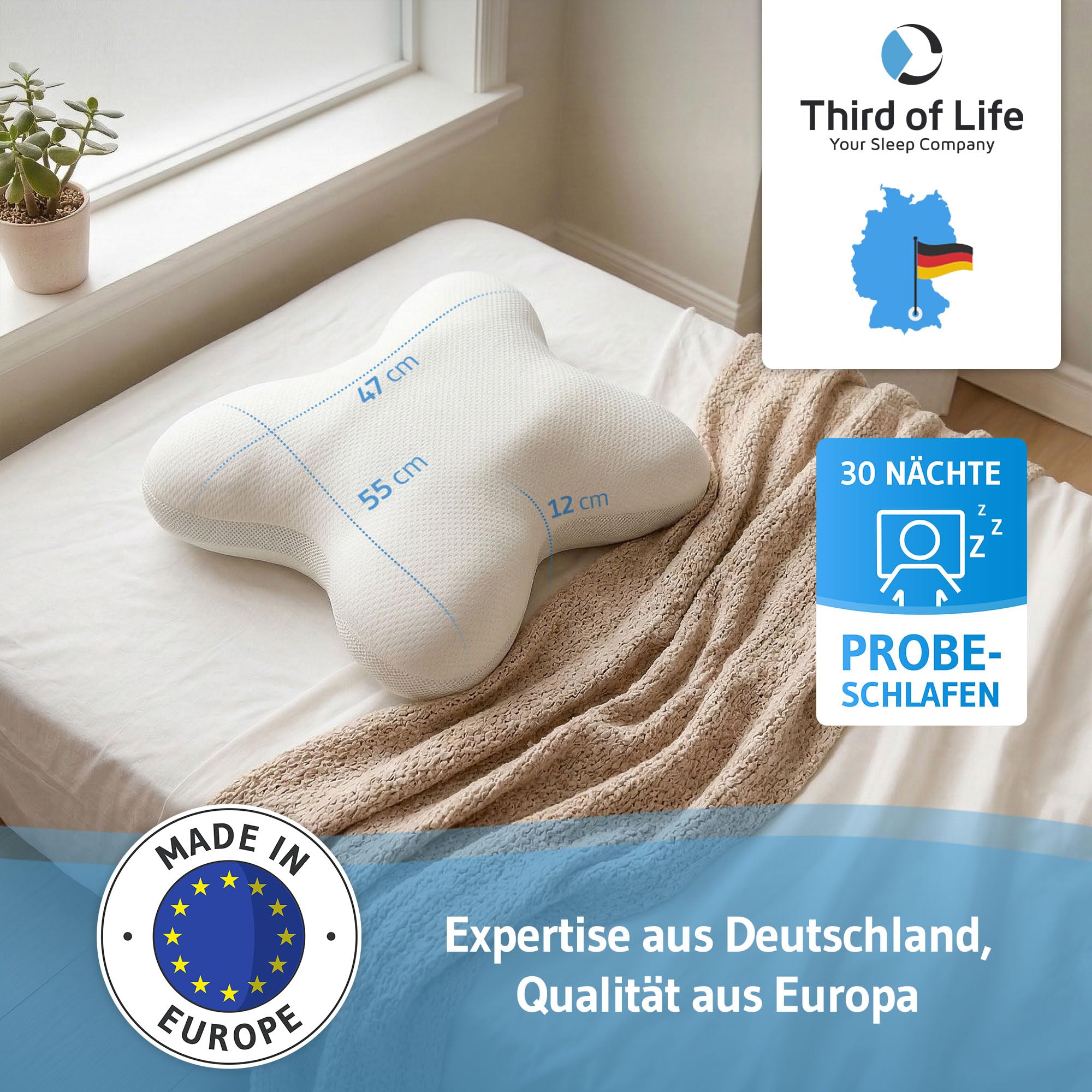 Third of Life Almohada Mariposa Ajustable en Altura para Dormir de Lado, cómoda y ergonómica, con Relleno Suave de Fibras Huecas y Tejido Transpirable con Mesh, fácil de Lavar, Hecha en Europa