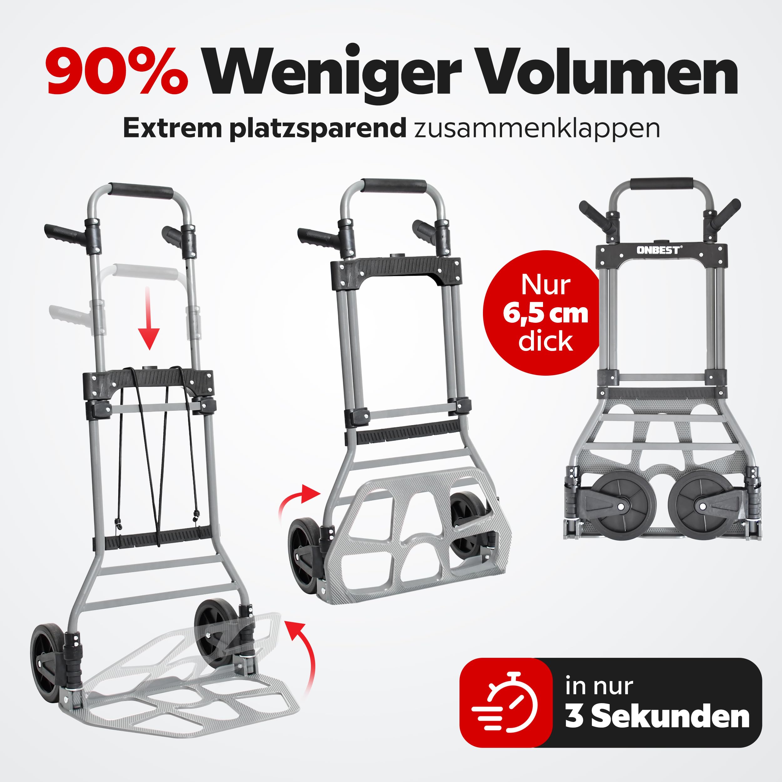 ONBEST Sackkarre klappbar 150 kg – Geprüfte Qualität, Vollgummireifen, 110 cm Griff, große Ladefläche – Faltbare Transportkarre/Trolley mit Rollen inkl. 150 cm Gurt – Umzugshelfer & Transporthilfe