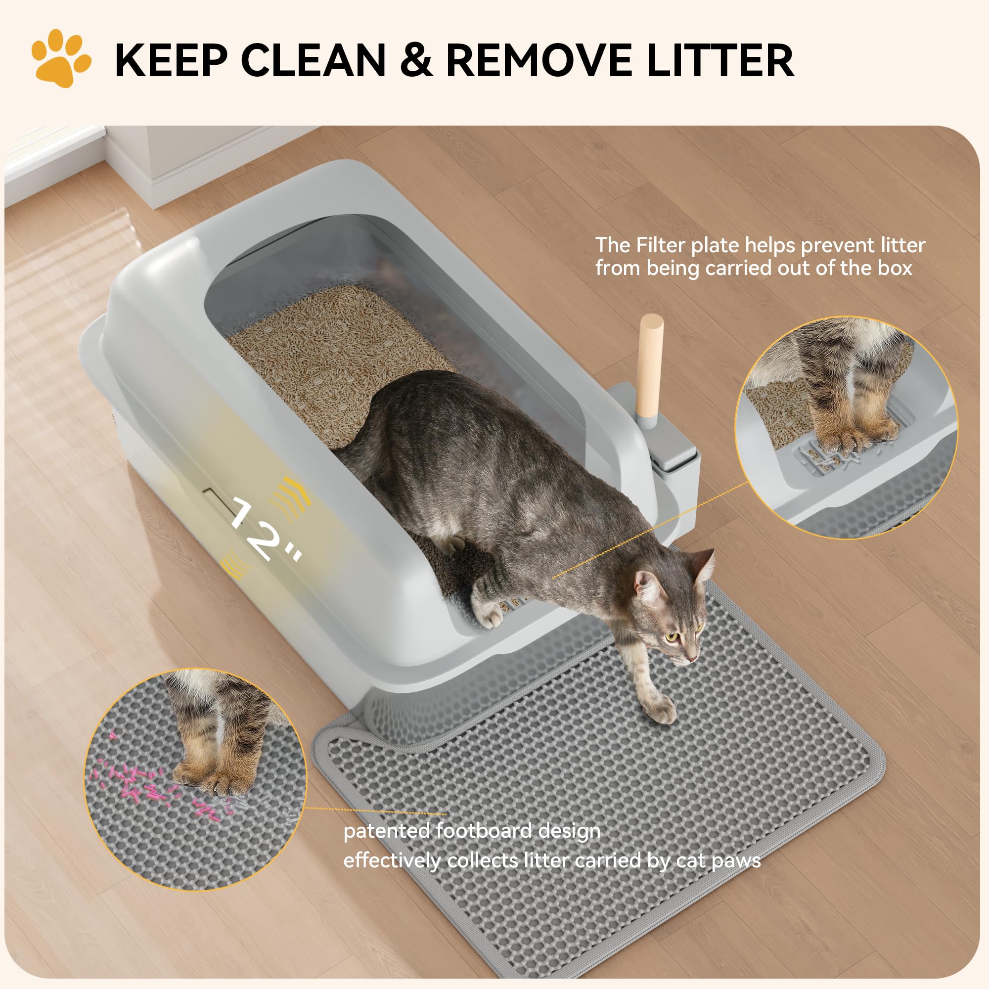 YITAHOME Edelstahl-Katzentoilette mit Deckel, XXL Extra Großes Katzenklo mit Schaufel – Rutschfester Boden, Auslaufsicher, Antihaft-Oberfläche, Leicht zu Reinigen, 60x40x30 für Katzen (Grau)