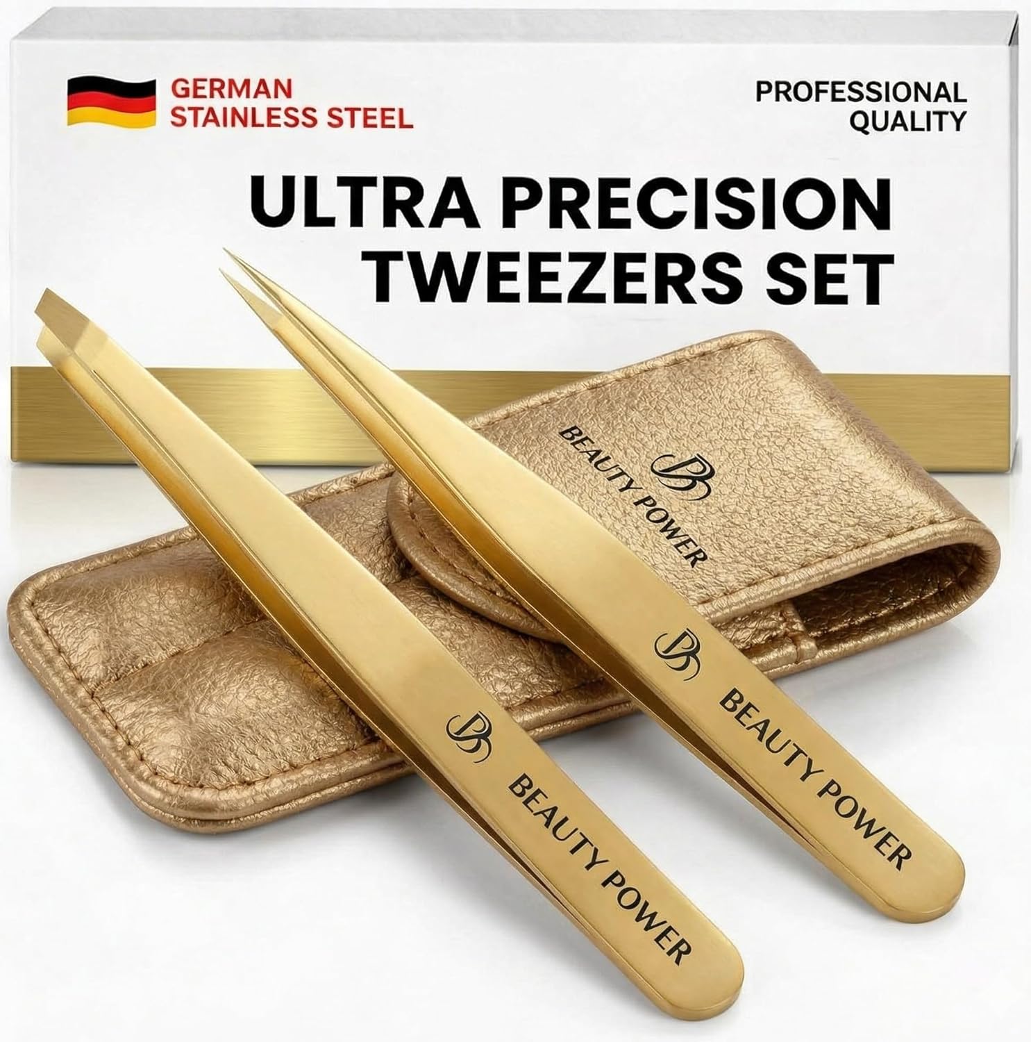 Beauty Power Professional Tweezers Set – Slant & Point, Ultra Precision German Stainless Steel Tweezers for Eyebrows, Chin, Ingrown Hair & Facial Grooming – Lightweight with Case - Gift Idea - Gold