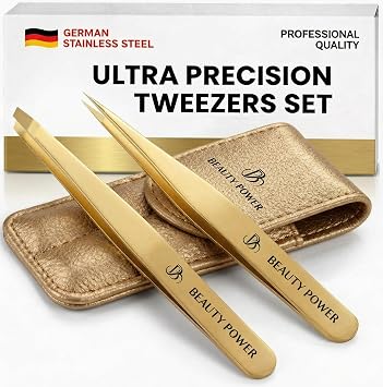 Beauty Power Professional Tweezers Set Slant & Point, Ultra Precision German Stainless Steel Tweezers for Eyebrows, Chin, Ingrown Hair & Facial Grooming Lightweight with Case - Gift Idea - Gold