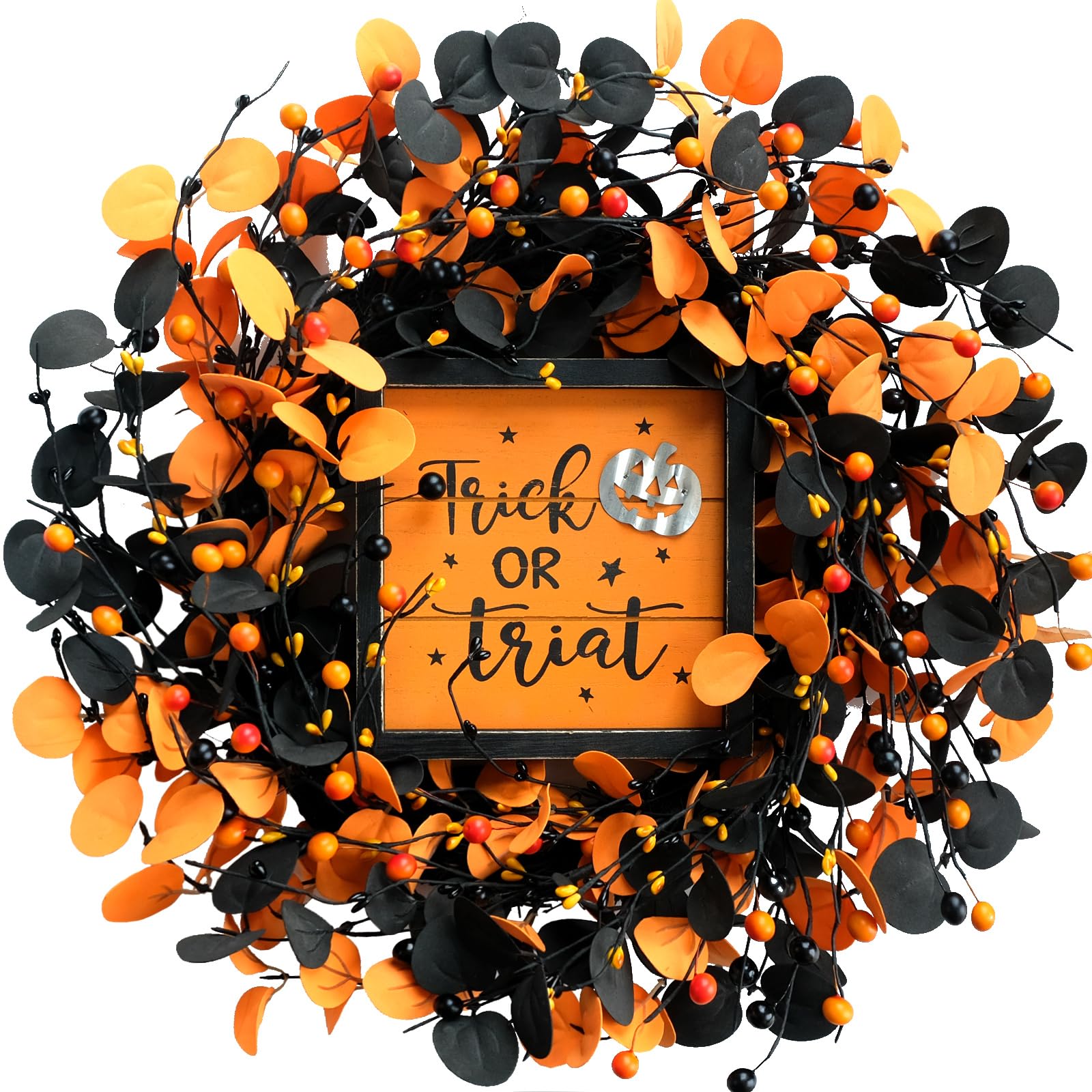 Couronne d'Halloween pour porte d'entrée avec feuilles d'eucalyptus et baies automne