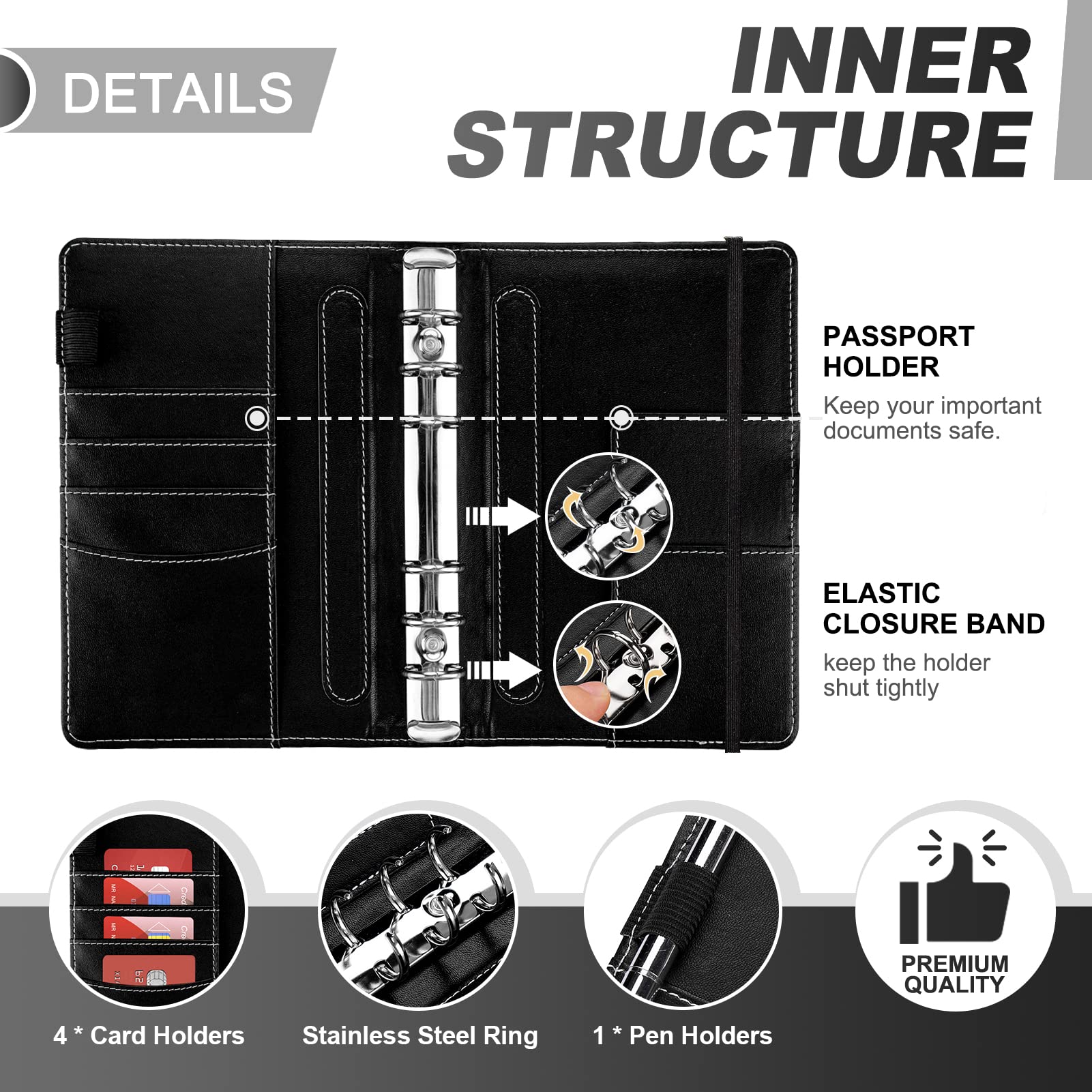 TAOPE Portadocumenti in Pelle PU A6 Binder Budget Set con 12 Sacchetti Trasparenti Cerniera, Nero Girasole