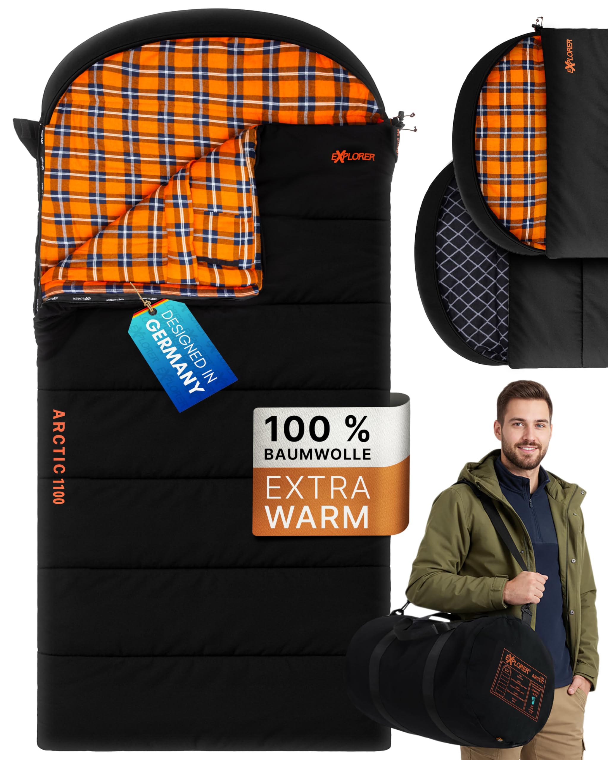 EXPLORER Arctic XXL Deckenschlafsack Winter -24°C Extrem – Camping Schlafsack aus 100% Baumwolle & Flanell – Koppelbar & Wasserabweisend – 90/110/140 cm