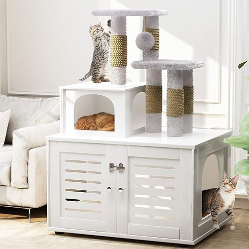 Recaceik Caja de arena para gatos con árbol para gatos, muebles de baño ocultos para gatos con divisor, casa de madera para gatos con plataforma,