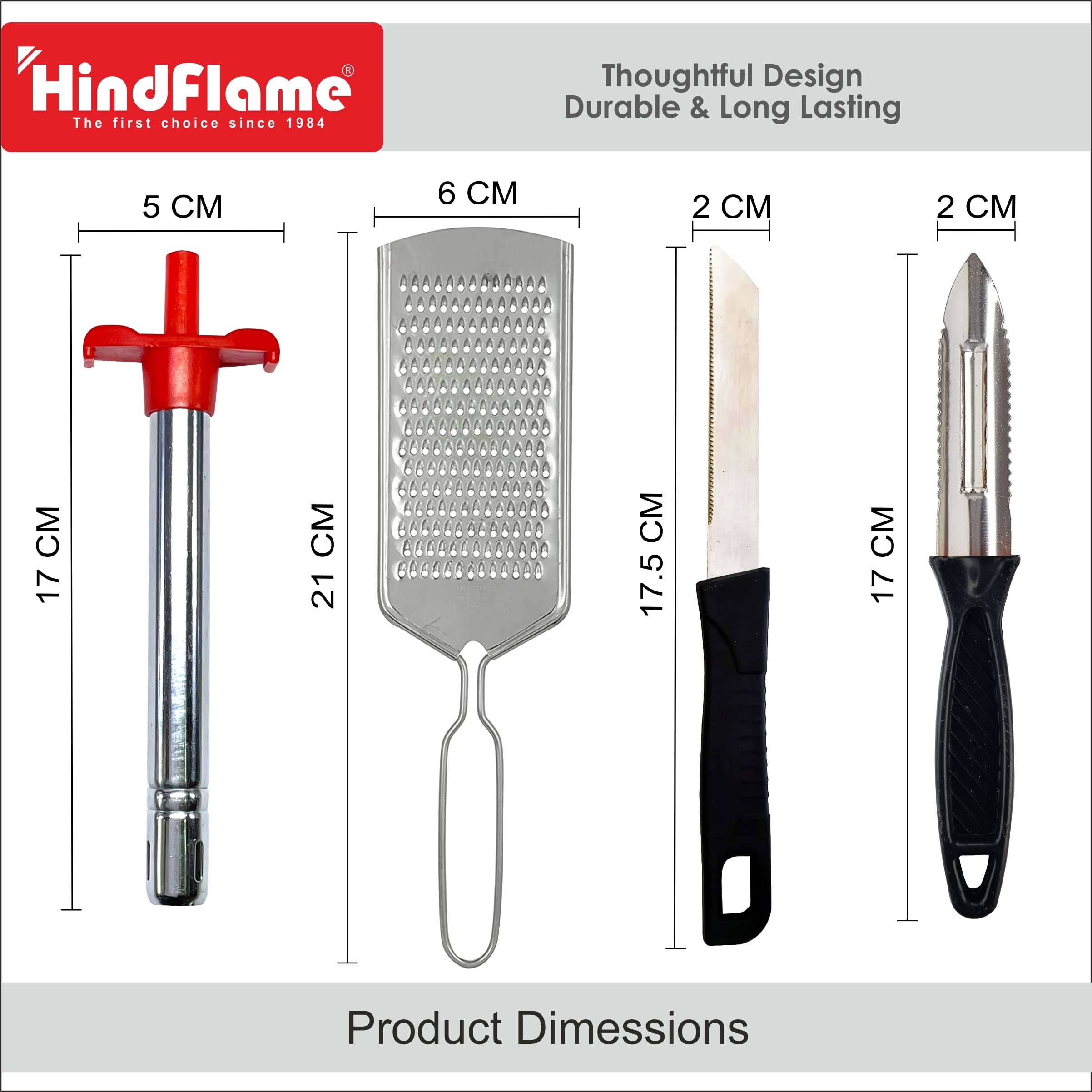 Hindflame Classic 4 in 1 Kitchen Tool Set (Steel Lighter, Knife, Peeler & Grater Multicolour) 1