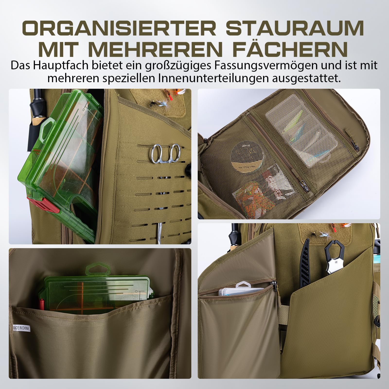 Goture Sling Tackle Bag - Borsa a tracolla da pesca, con porta canna da pesca, sistema MOLLE, spazio per esche artificiali e accessori, Cachi con 3 scatole per esche, Tracolla