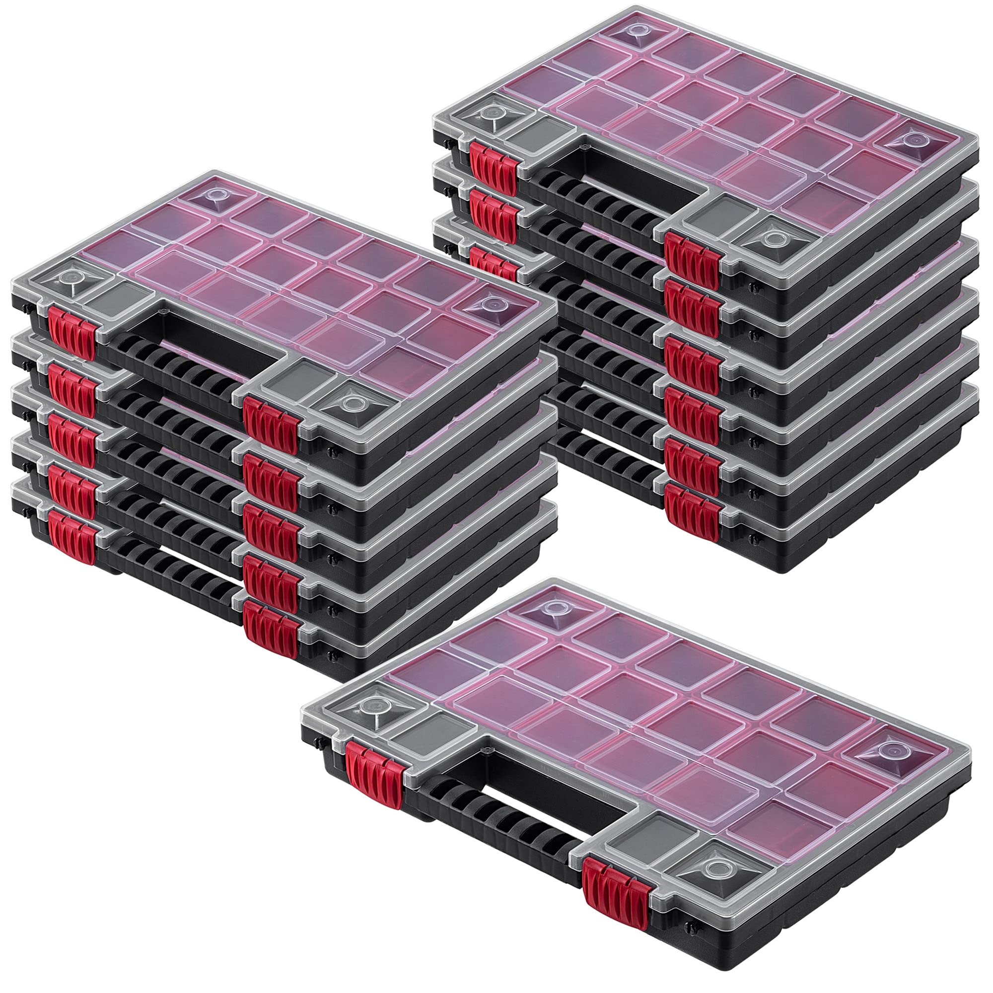 KADAX Organizer con Coperchio Trasparente – Cassetta Porta Minuteria a Scomparti per Viti, Bulloni, Ferramenta, Officina e Garage – Plastica Resistente (34 x 25 cm, 12 Pezzi)