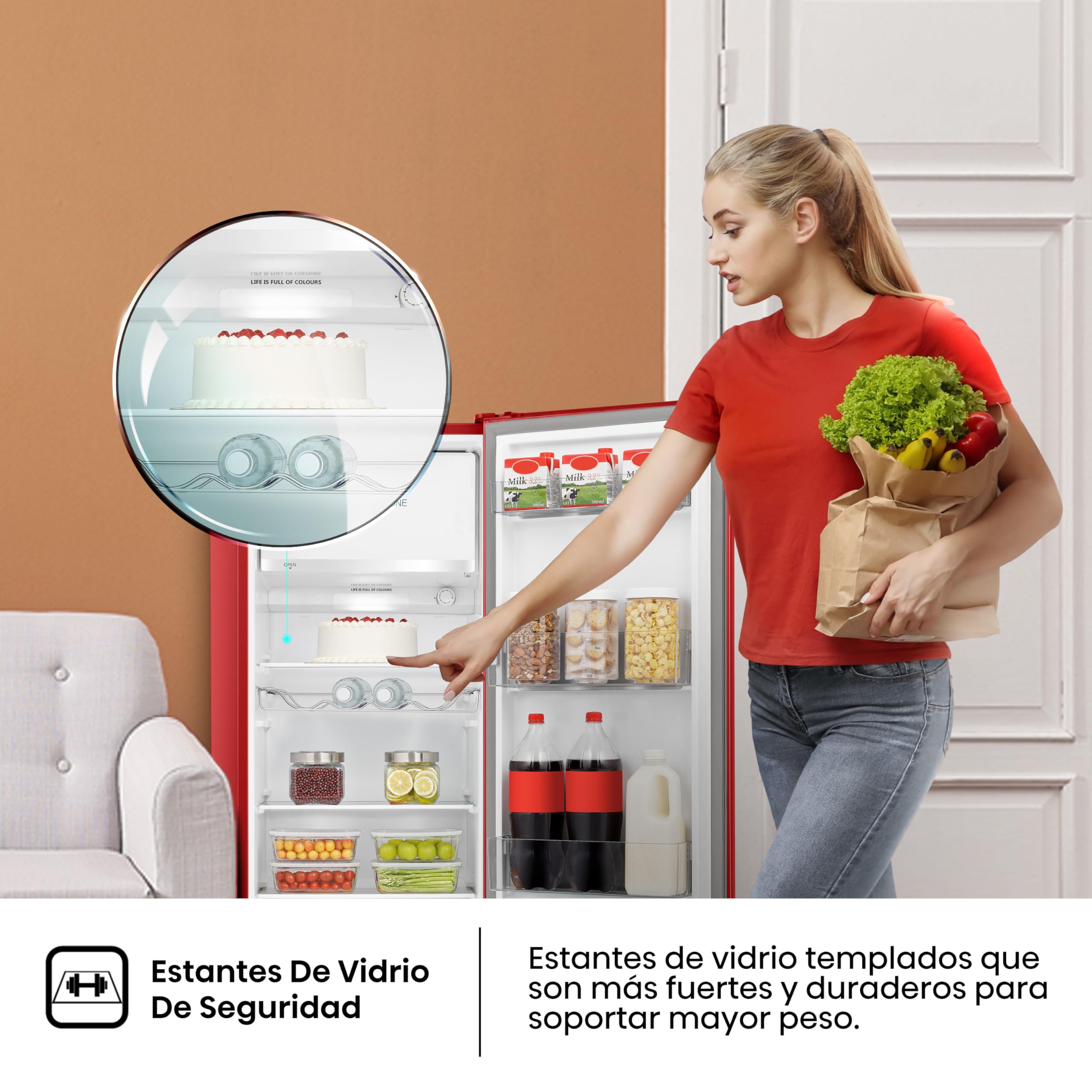 Hisense RR220D4BRE - Frigorífico Una Puerta, Congelador Freeze Zone, 165 L de capacidad, 128 cm alto, Class E, Botellero, Cycle Defrost (Cíclico), Cajón Frutas Y Verduras, Color Rojo