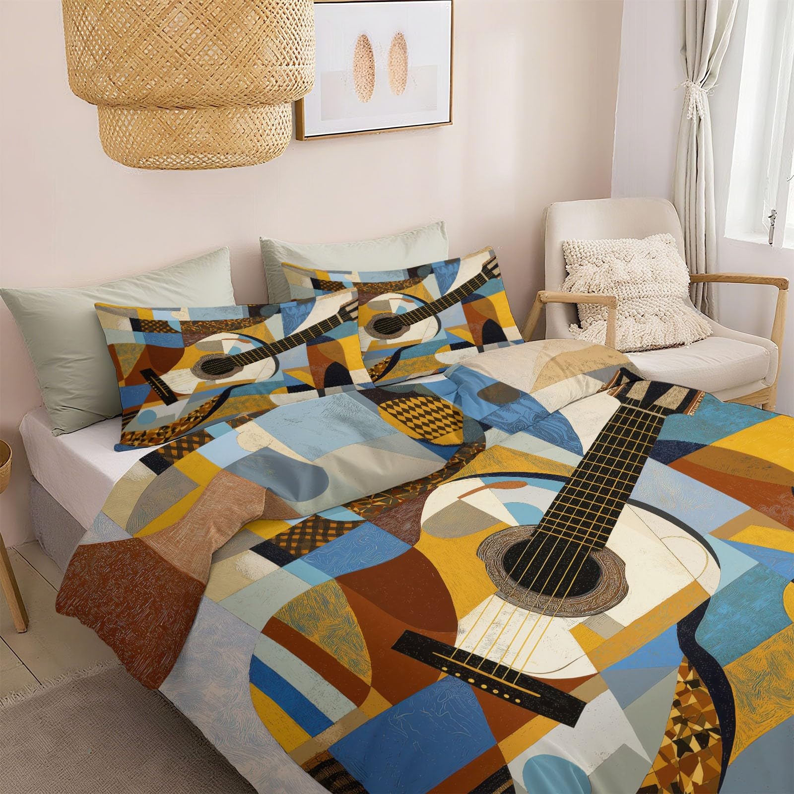 Poszwa na kołdrę dla chłopców i dziewczynek, miękka mikrofibra, 240 x 220 cm, dwustronna, abstrakcyjna, gitara, geometria, sztuka, 3-częściowy zestaw z 2 poszewkami na poduszki, do sypialni, dekoracja