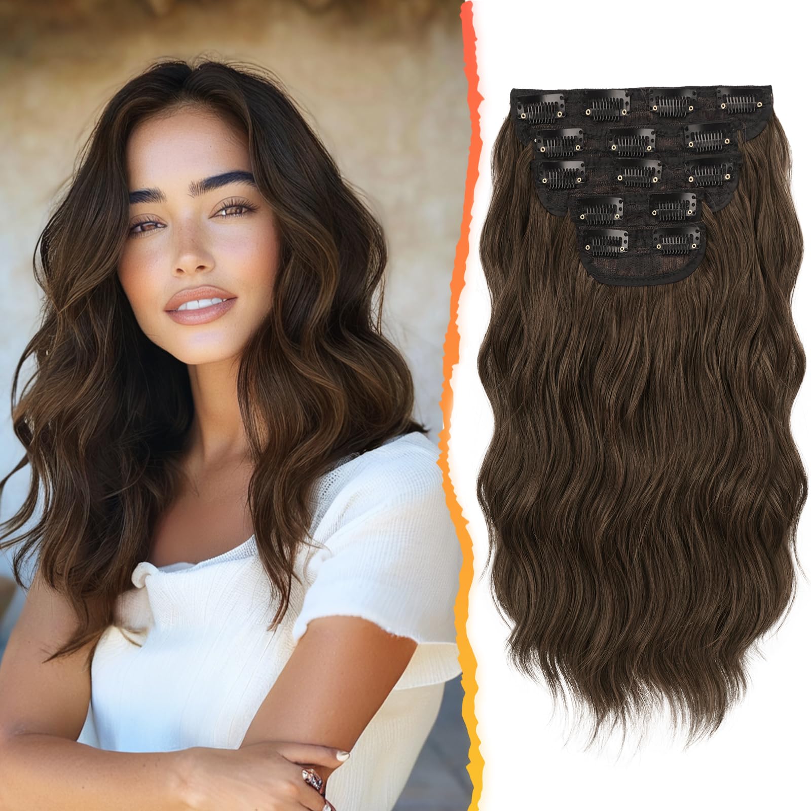 BARSDAR Short Wavy Clip in Hair Extensions - 14 Inch Brown Hair Extensions Clip in for Women - 5PCs Thick Soft Synthetic Loose Wavy Clip in Extensions