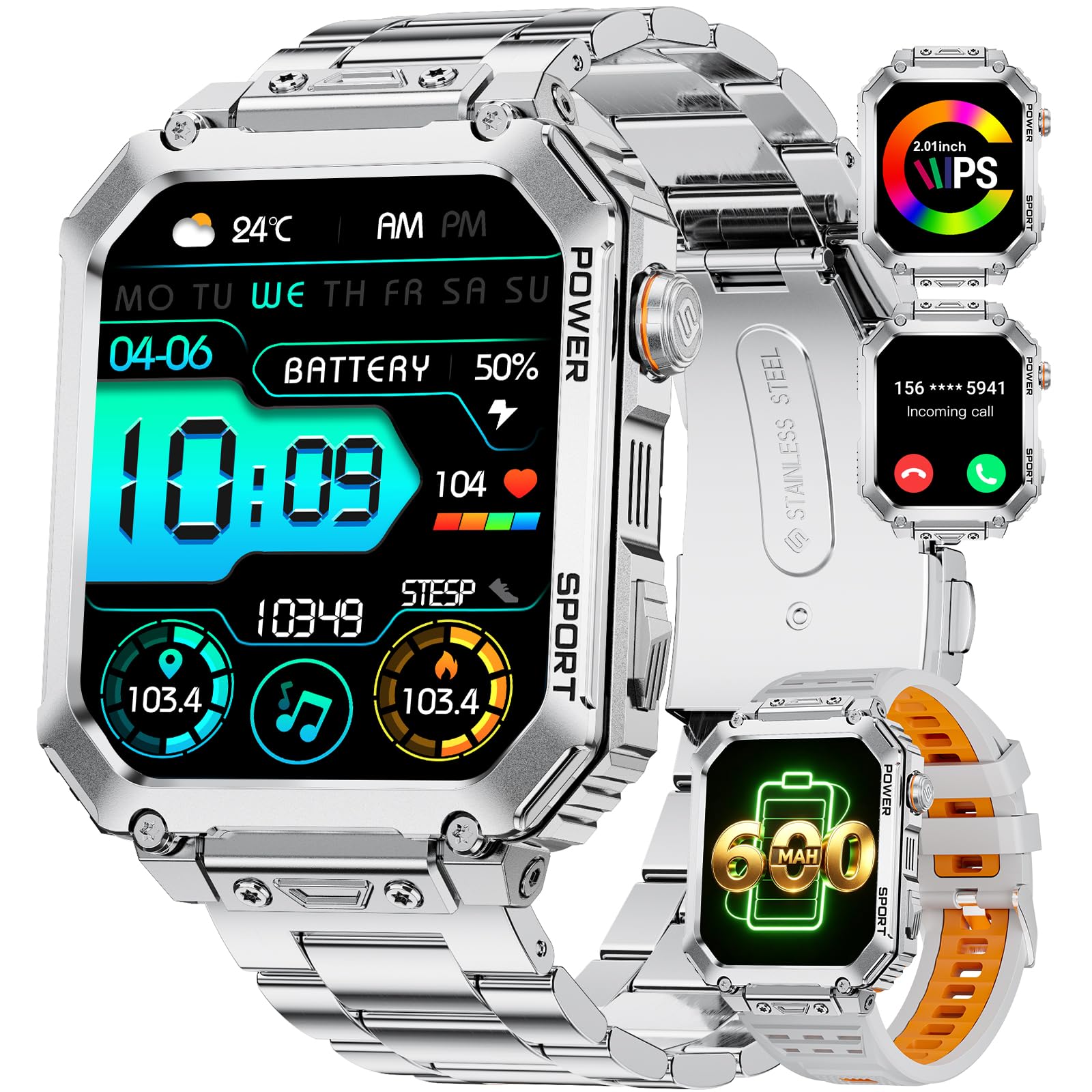 LIGE Smartwatch Herren Militär, 2.01" Smartwatch mit Telefonfunktion, Fitnessuhr mit 100+ Sportmodi, Herzfrequenz/Schlafmonitor, 600mAh Akku, IP68 Sportuhr für Android iOS, 2 Armbändern, EF2-M