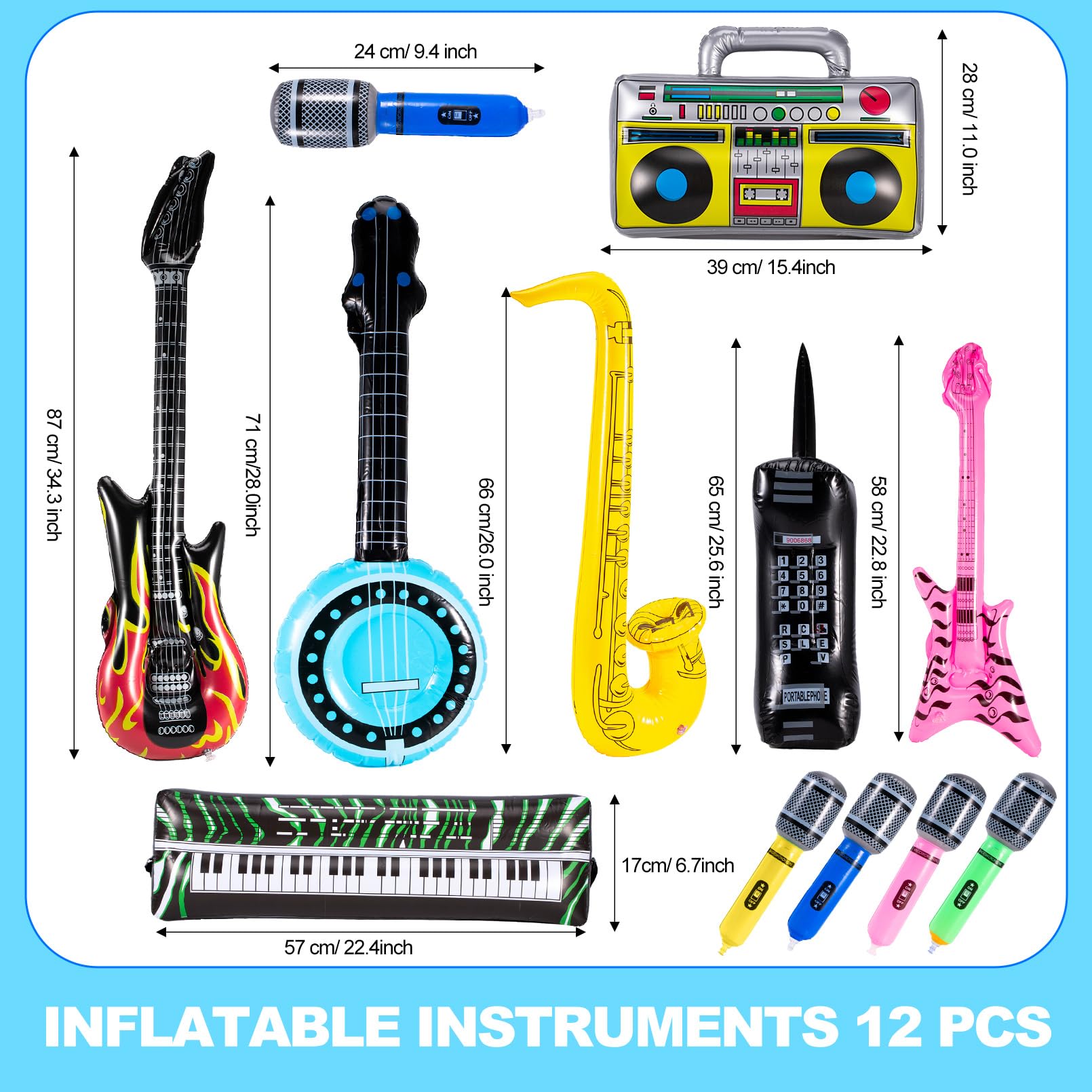 12 instrumentos inflables, juego de juguetes inflables de estrella de rock, guitarra inflable, saxofón inflable, micrófonos inflables, lute bajo, piano de teléfono, decoración de fiesta de los 2