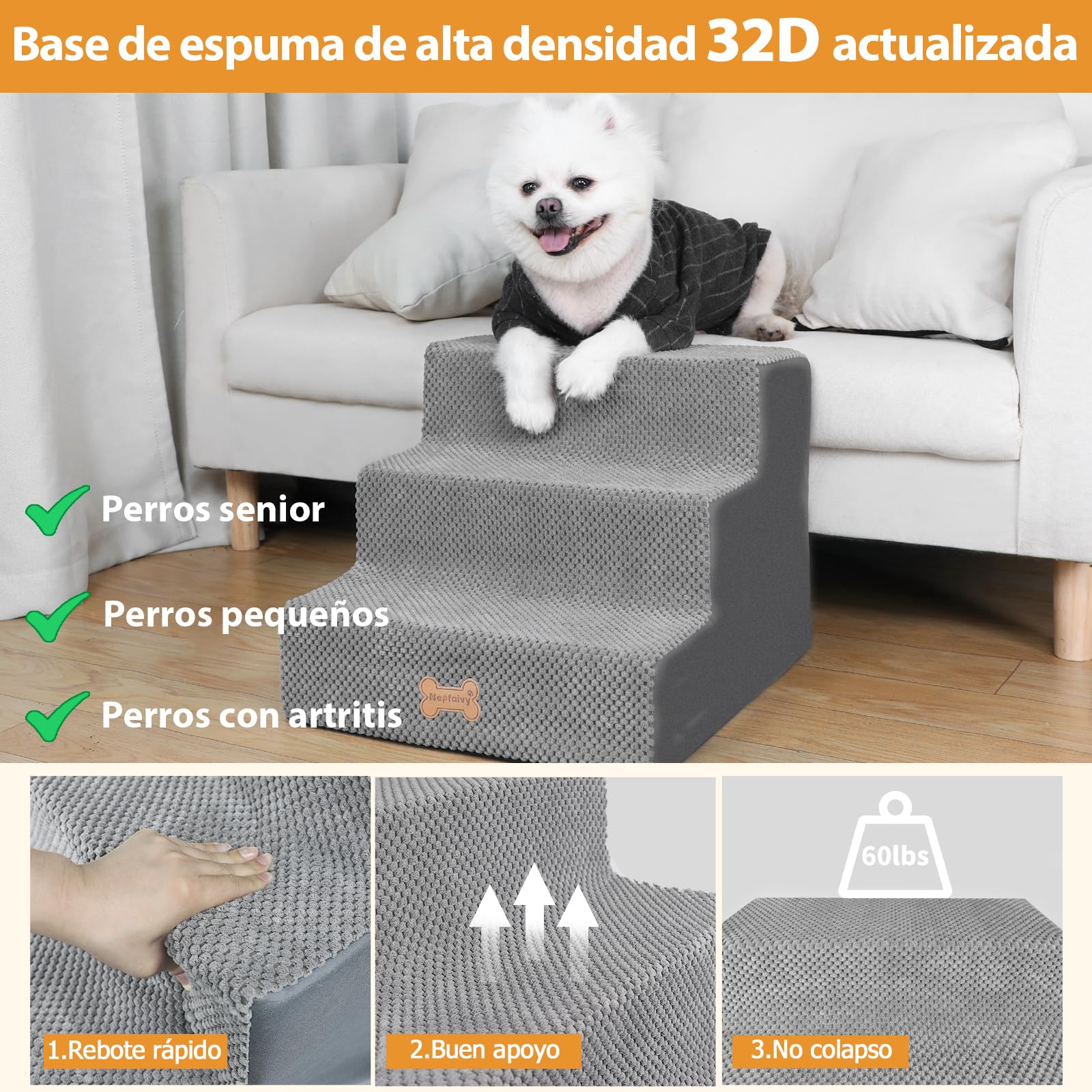 Nepfaivy Scaletta per Cani - Scala per Cani e Gatti per Salire sul Letto, Gradini con Copertura Rimovibile e Lavabile, Grigio, 45x40x34cm