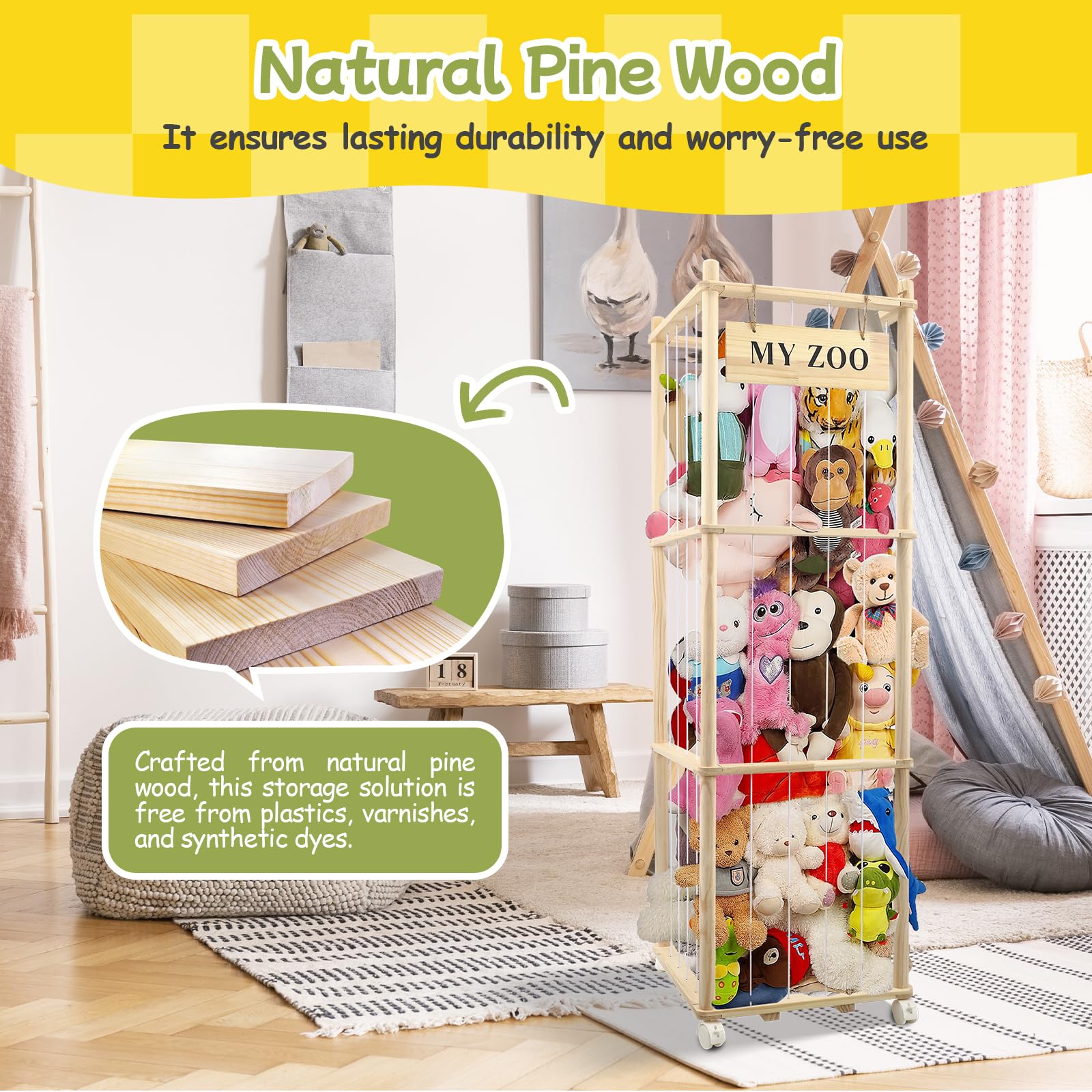 Almacenamiento de peluches de madera, 135 x 40 x 40 cm, con freno de 360°, ruedas equipadas para peluches, peluches, juguetes de peluche, juguete de peluche para habitación de los niños, sala de