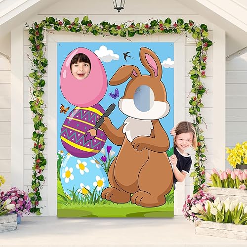 Irenare Cartel de puerta de fotos de conejo de Pascua, tela grande, accesorios de fotos de feliz Pascua, fondo de cara de conejo de huevo, 59 x 39.4