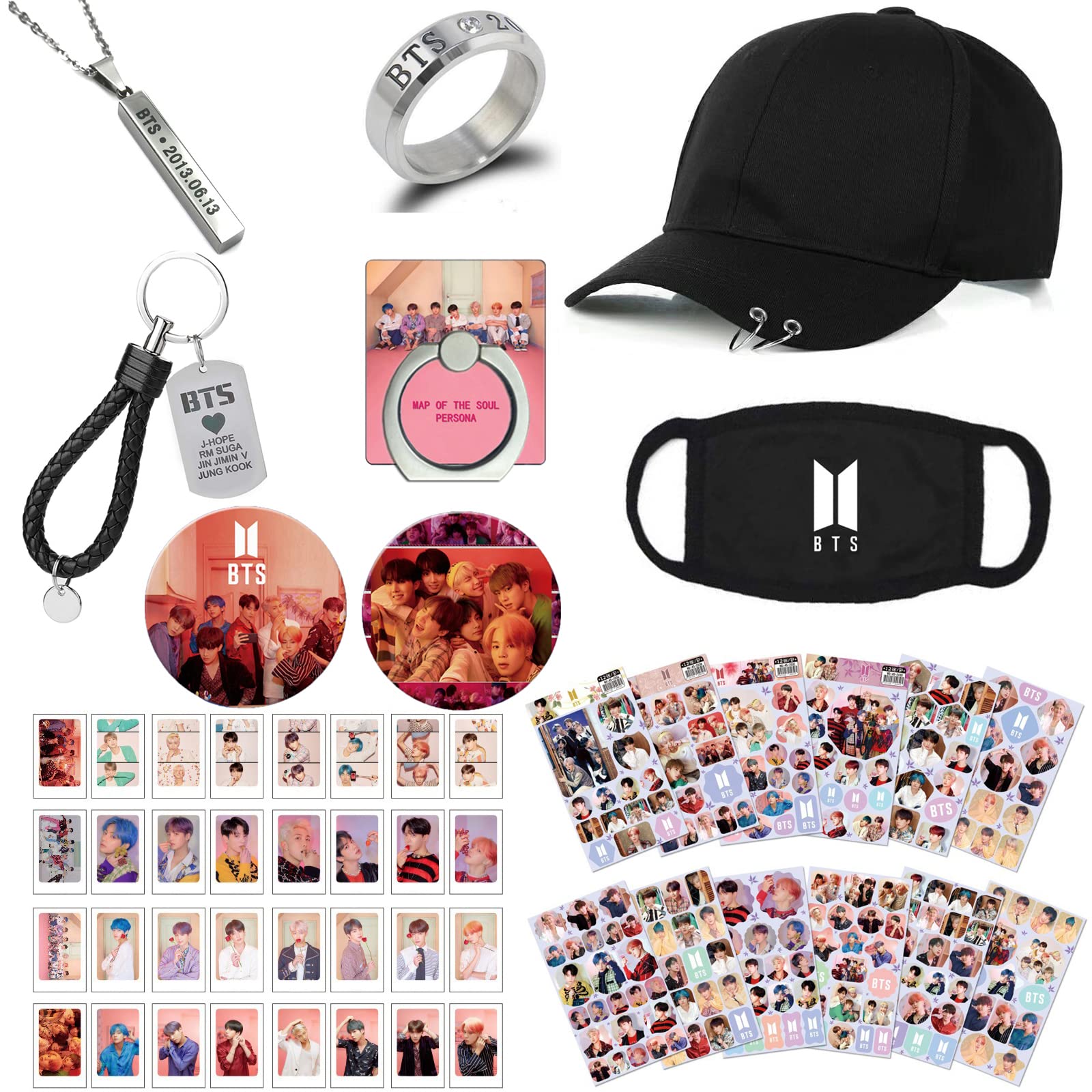 Kpop BTS Bangtan Boys Gifts Set for Army, BTS Photocard, Stickers, Hat, Face Shield, Rings, Pendant Necklace, Button Pin, ...