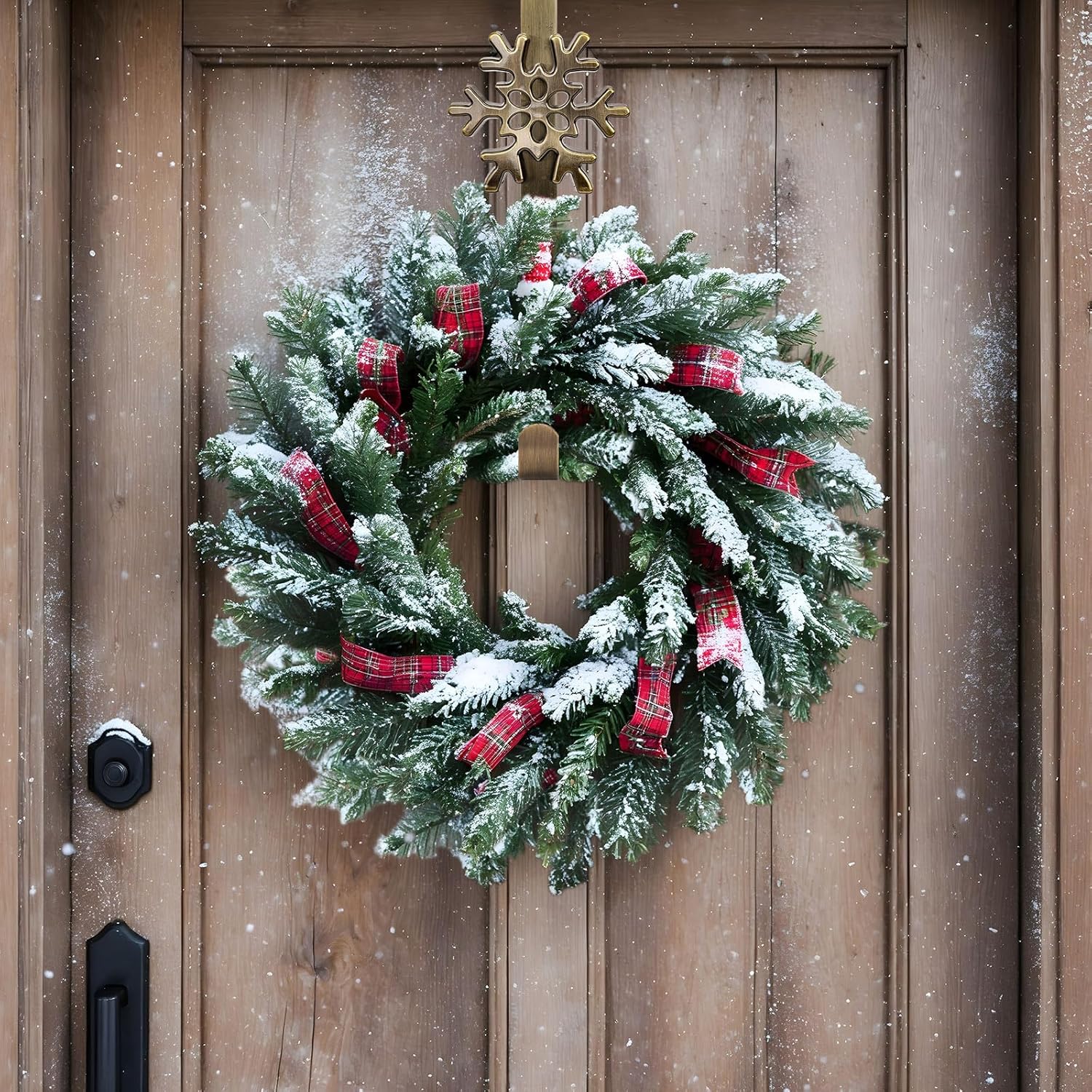 2Pcs Christmas Wreath Hangers Over The Door Metal Wreath Hooks Snowflake Decorative Hooks for Xmas Party Decor Home Office Wall Door, Bronze, 14.6 Inch