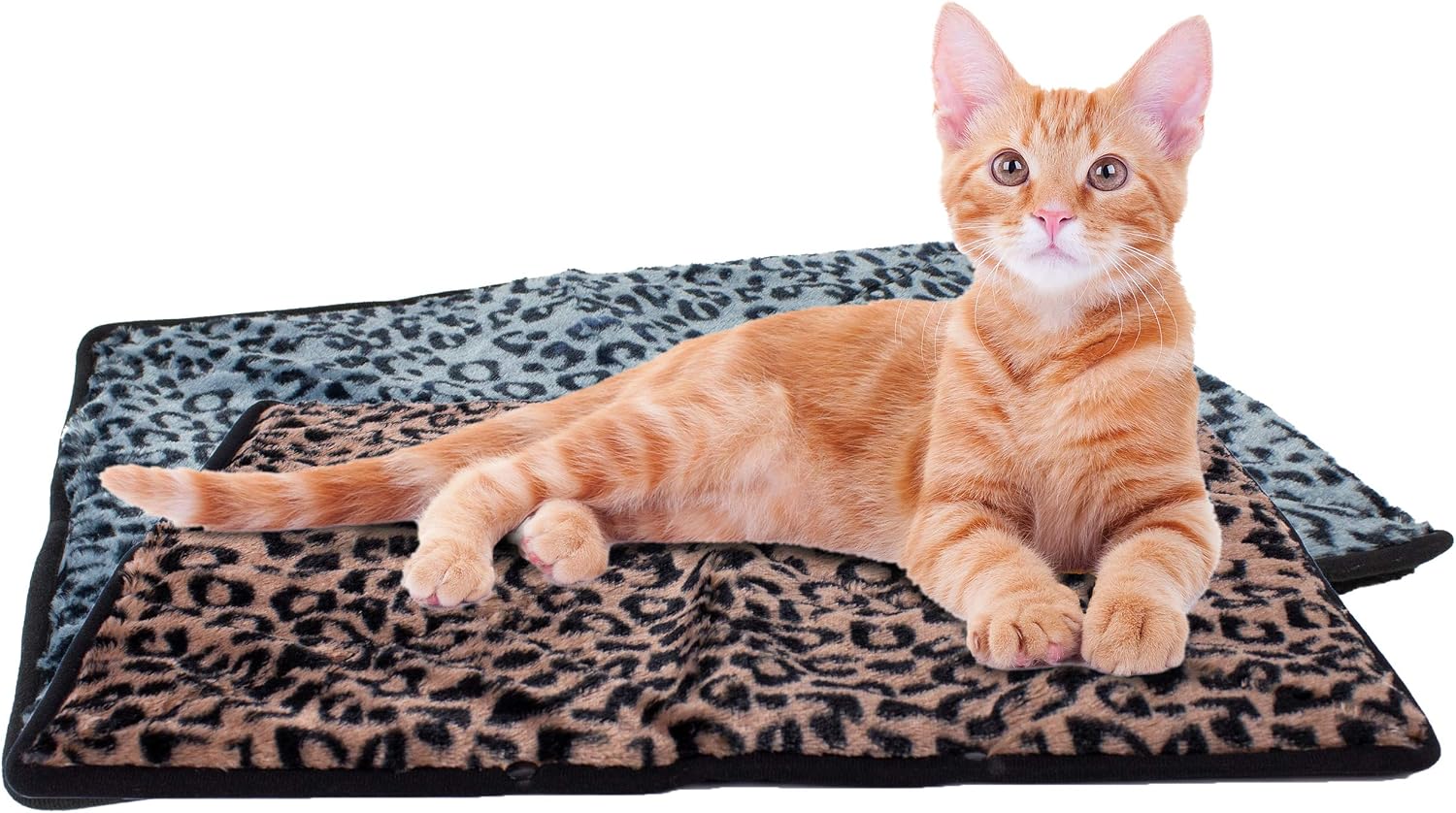 Downtown Pet Supply Thermal Cat Bed - Insulated Cat Mat with Aluminum Film & Sherpa Backing - Washer Safe Faux Fur Cover - Self-Warming Nap - Connectable, Regular - Animal Print Beige - 23 x 19in