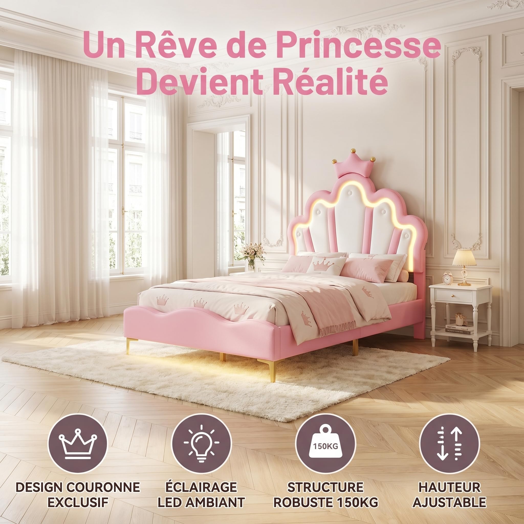Cama infantil niña 90 x 200 cm, cama princesa con iluminación LED, cabecera de cama ajustable en altura en forma de corona, camas de 1 plaza acolchadas para niña adolescente, somier de láminas, PU