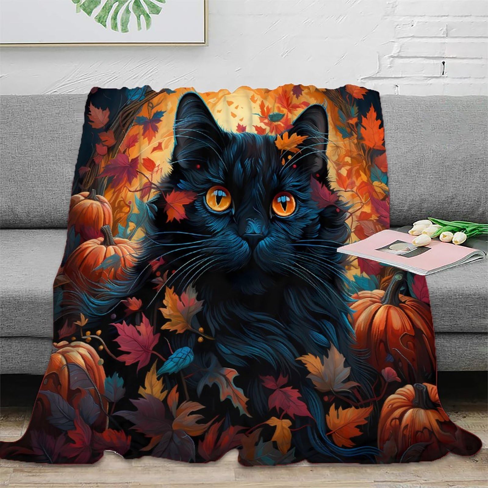 Couverture automne chat noir 3D plaid chaud de voyage pour colocataires en microfibre