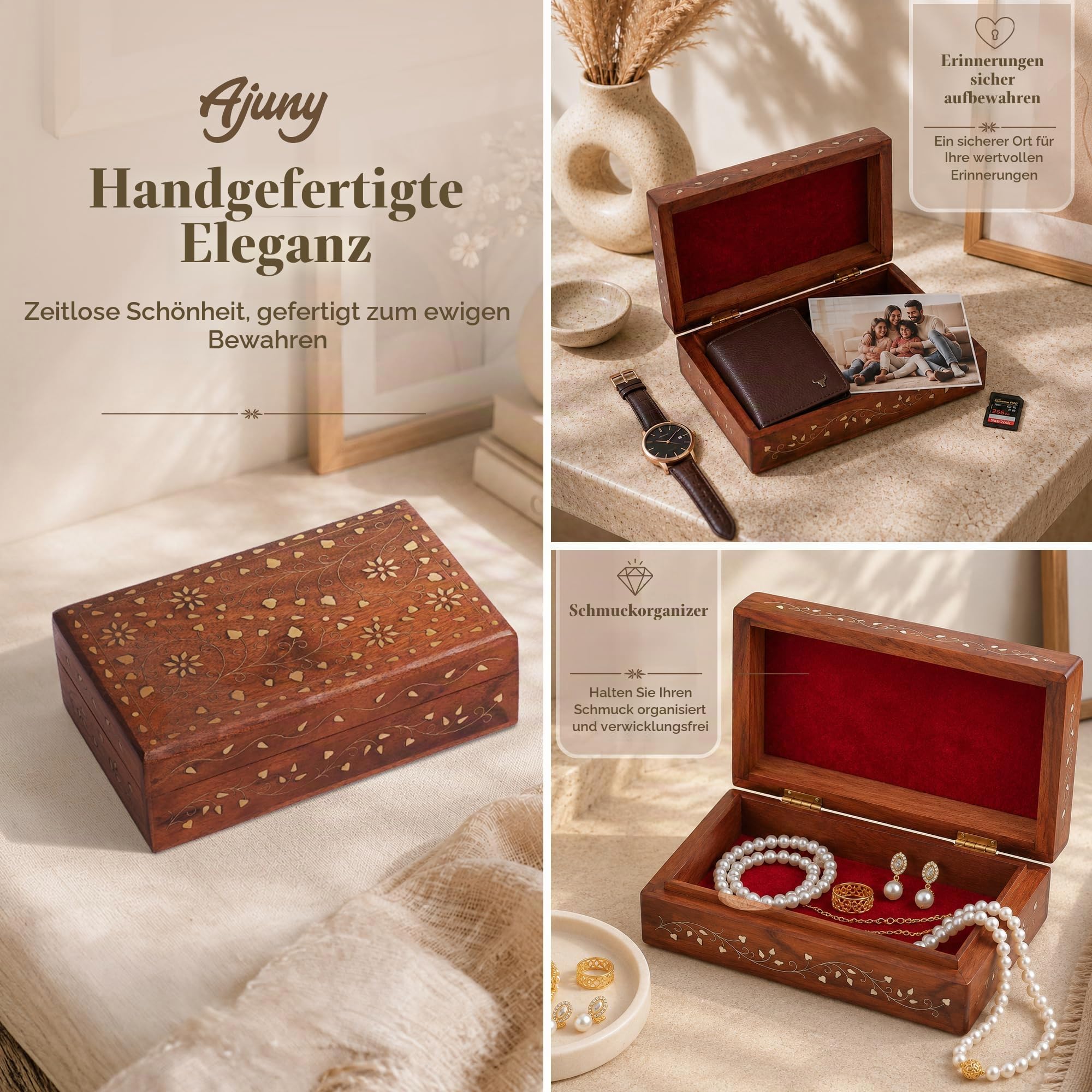 Ajuny Holz Schmuckbox Floral Messing Inlay Handgeschnitzt 8x5 Zoll Vintage