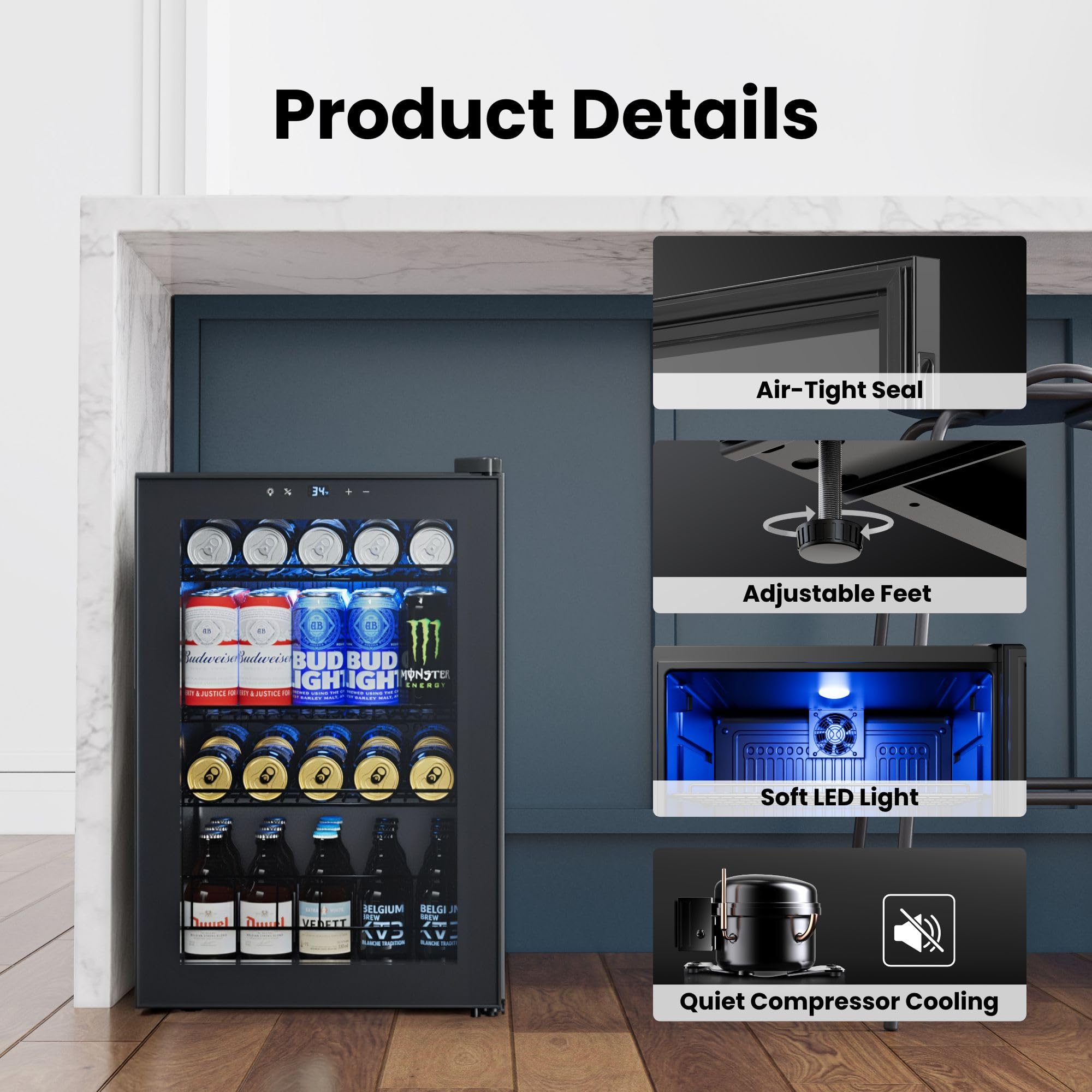 YEEGO Beverage Refrigerator, 85 Can Mini Fridge With Glass Door, Digital Temperature Control 34°F-54°F, Countertop Drink Cooler For Soda, Beer And Wine, Black on Fridge.com - View 6