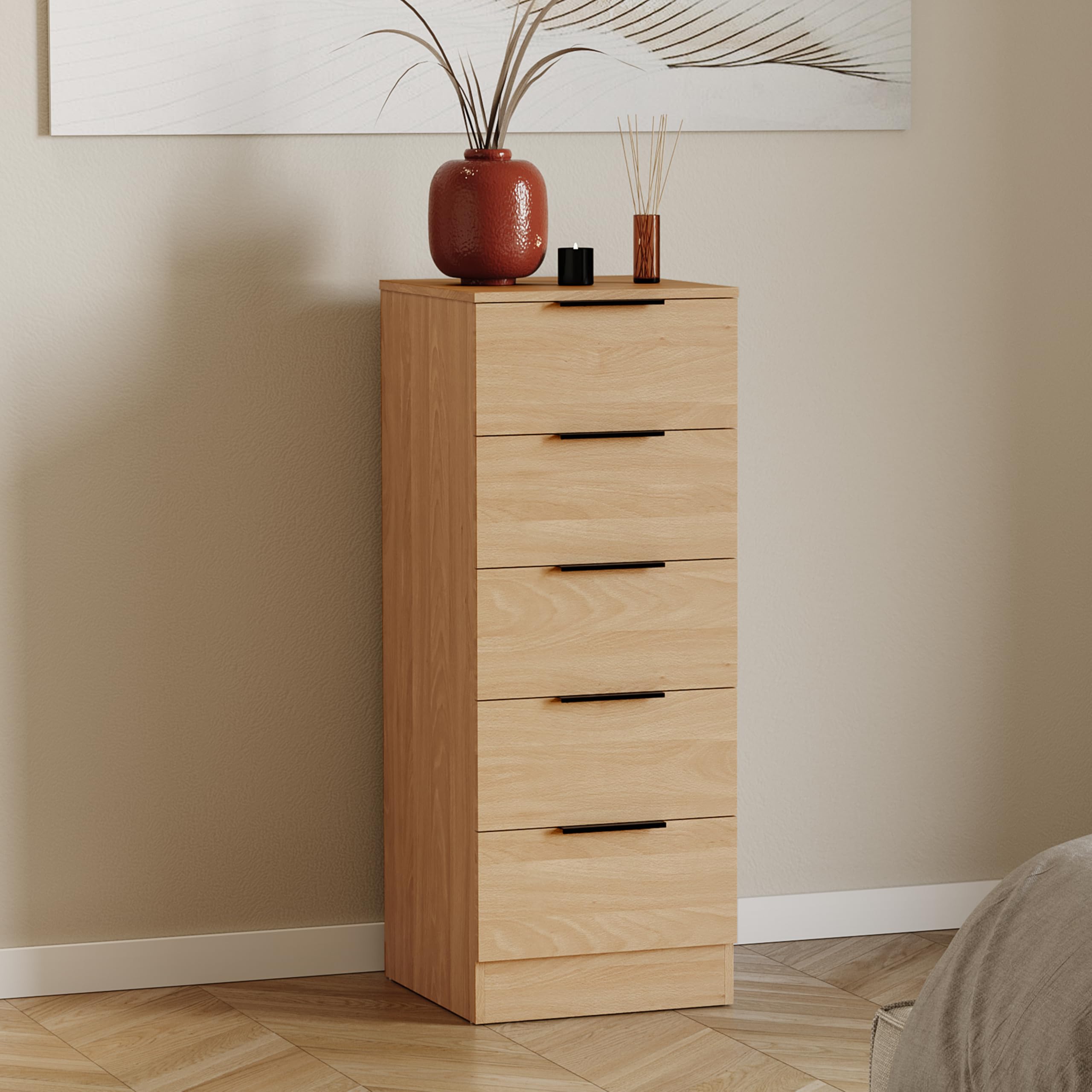 Vida Designs Trega 5 Drawer Narrow Chest of Drawers Pine - Slim Space-Saving Bedroom Storage Unit - 90Hx34.5Wx36Dcm - Anti-Bowing Support, Black Handles, Glide Runners - For Small Rooms & Nursery