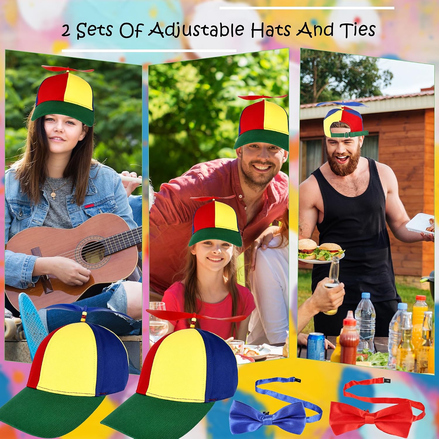 4 Set Halloween Propeller Hat Rainbow Baseball Cap Helicopter Pinwheel Hat with Adjustable Bow Tie for Adults Cosplay Dress up