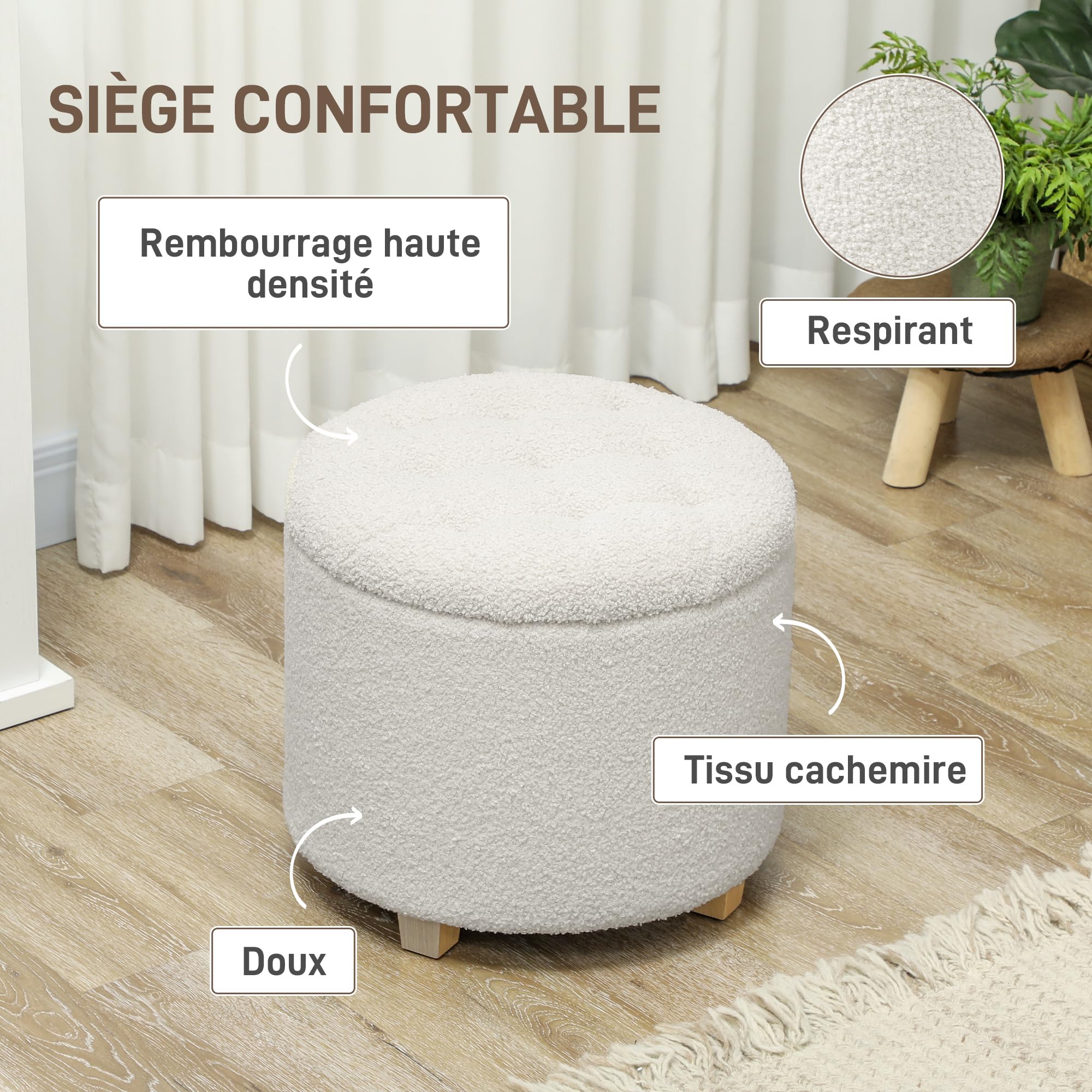 HOMCOM Pouf Coffre Rangement, Tabouret Rond, Pouf Repose-Pieds en Tissu Bouclette, pour la Chambre à Coucher, entrée, Salon, Charge 120 Kg, Ø 45 x 41 cm, Blanc