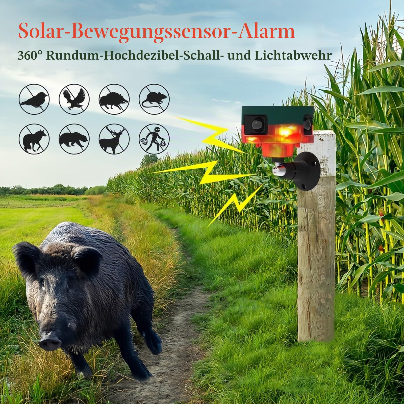 2-Pack Solar Bewegungsmelder Alarm im Freien 360°Bewegungsmelder Sensor Loud Sirene LED Blinklicht IP55 wasserdicht mit Remote High Volume Voice Recording für Farm Home Scheune Yard