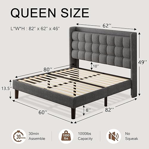 Miniatura 2 de Base de cama de tamaño matrimonial con estación de carga, cama de plataforma tapizada, cabecera de almacenamiento moderna con respaldo de ala,