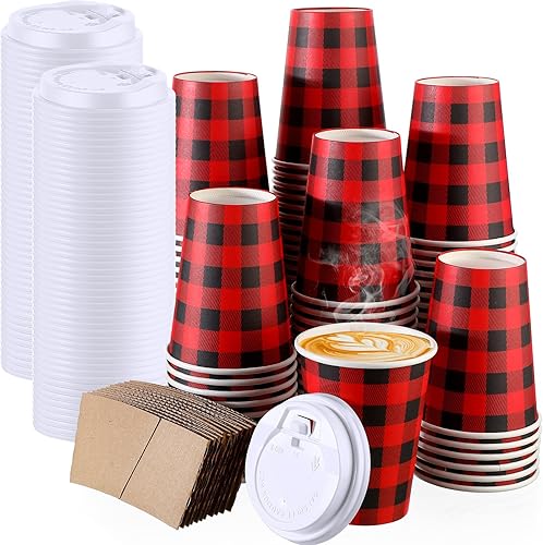 Cunhill Juego de 100 tazas de chocolate caliente de Navidad de 12 onzas, lindas tazas de café desechables con tapas y mangas, tazas de papel para