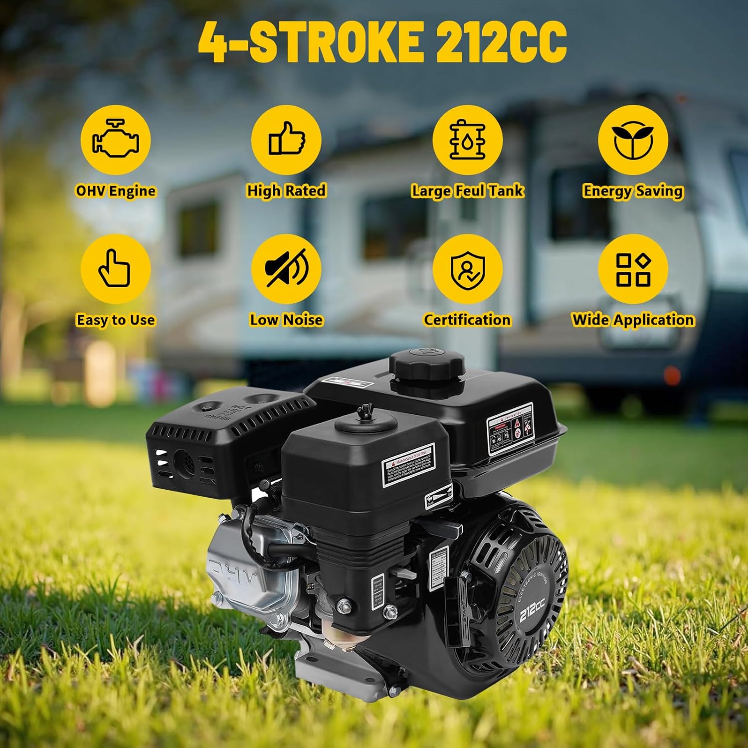 7.5HP 4 Stroke Gas Engine 210CC 3600 RPM Go Kart Engine, 25° Inclined Single Cylinder Engine Forced Air Cooling (19mm Shaft)