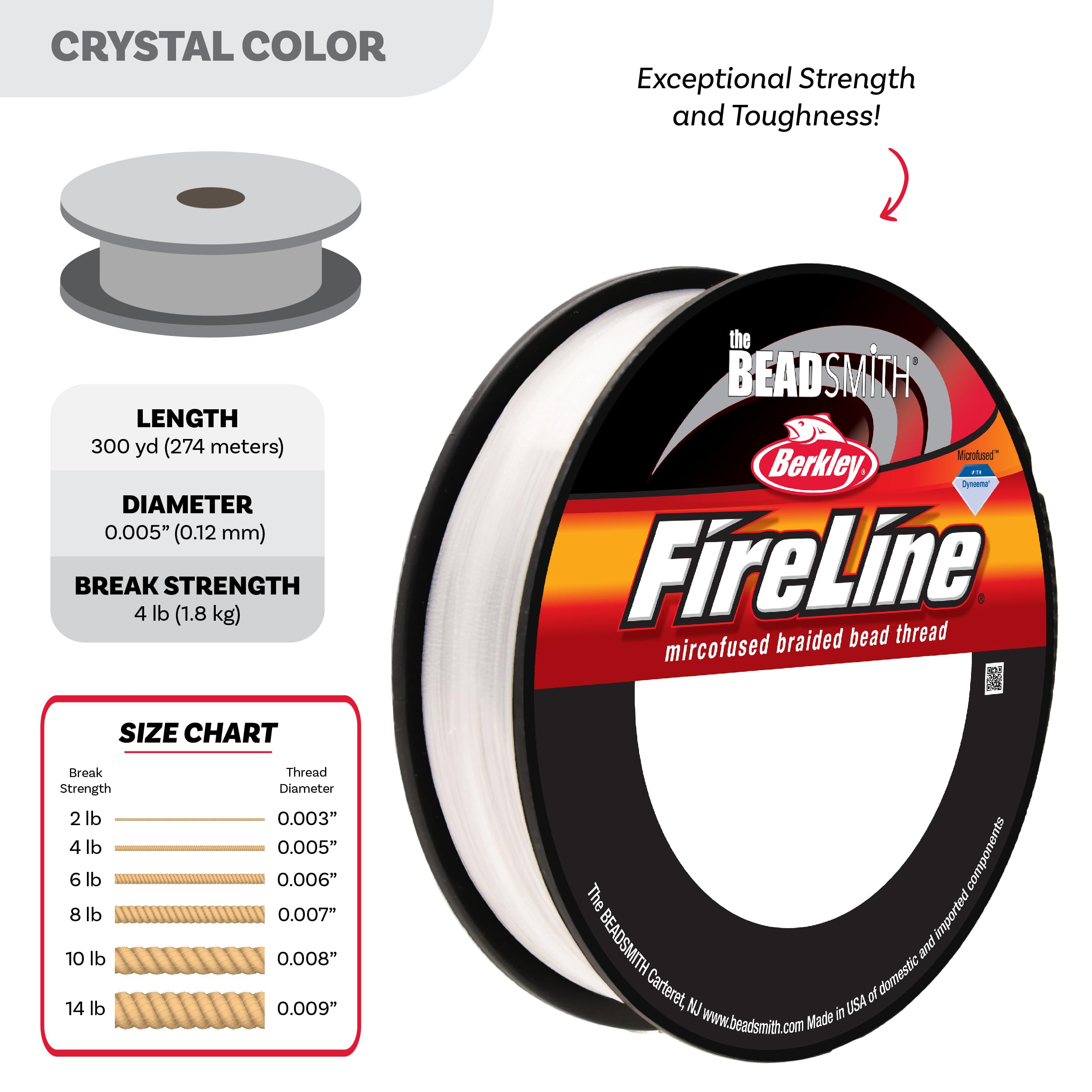 The Beadsmith Fireline by Berkley – pleciona nić z mikrostopką – 1,8 kg, test, średnica 12,7 cm/.12 mm, szpula 300 jardów, kolor kryształowy, super mocny materiał sznurkowy do produkcji biżuterii i