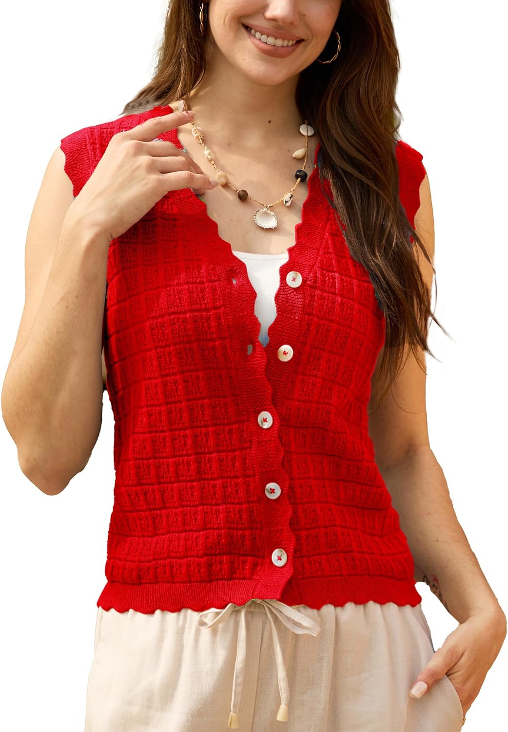 Trendy Sweater Vest Waffle Knit Top Vest V Neck Cardigan Sweater Casual Sleeveless Tops Cute Ruffle Vest