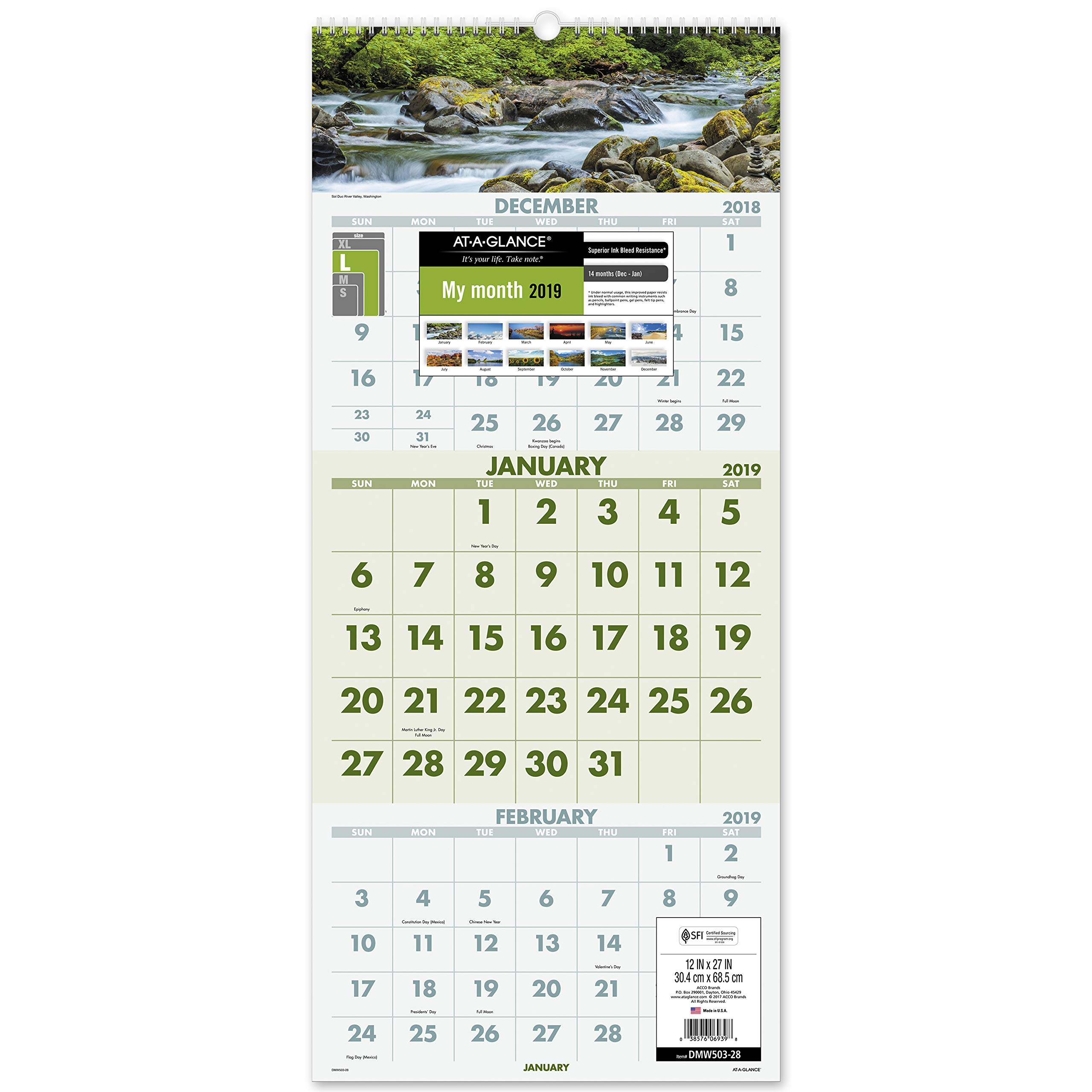 AT-A-GLANCE Wall Calendar, 2019, December 2018 - January 2020, 3-Month Display, 12" x 27", Wirebound, Scenic (DMW50328)