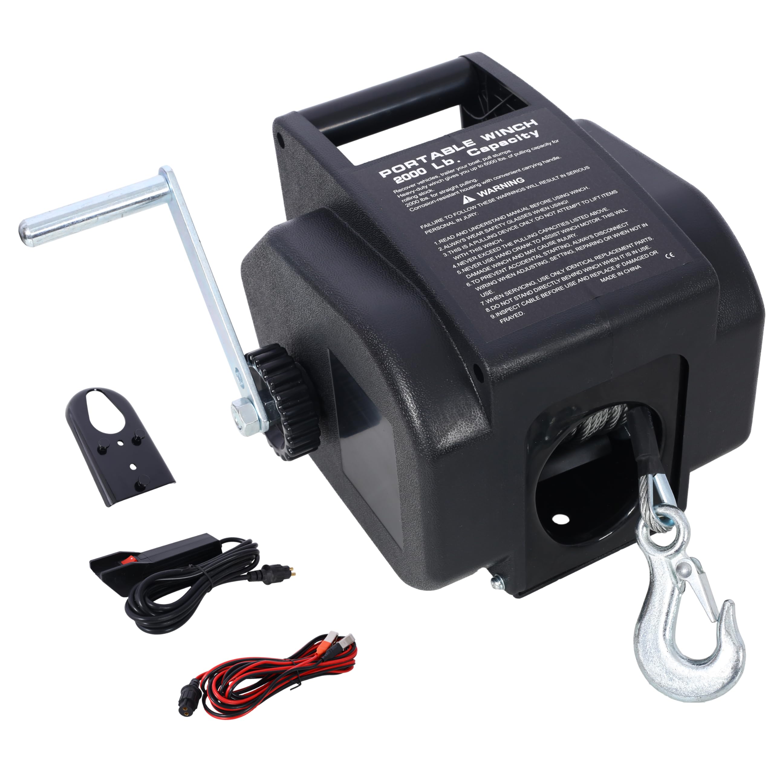 Trailer Winch,Reversible Electric Winch, for Boats up to 5000 lbs.12V,Galvanized Wire Rope, Rapid Mount, Handheld Remote,Power in and Manual Out.Black Plastic casin